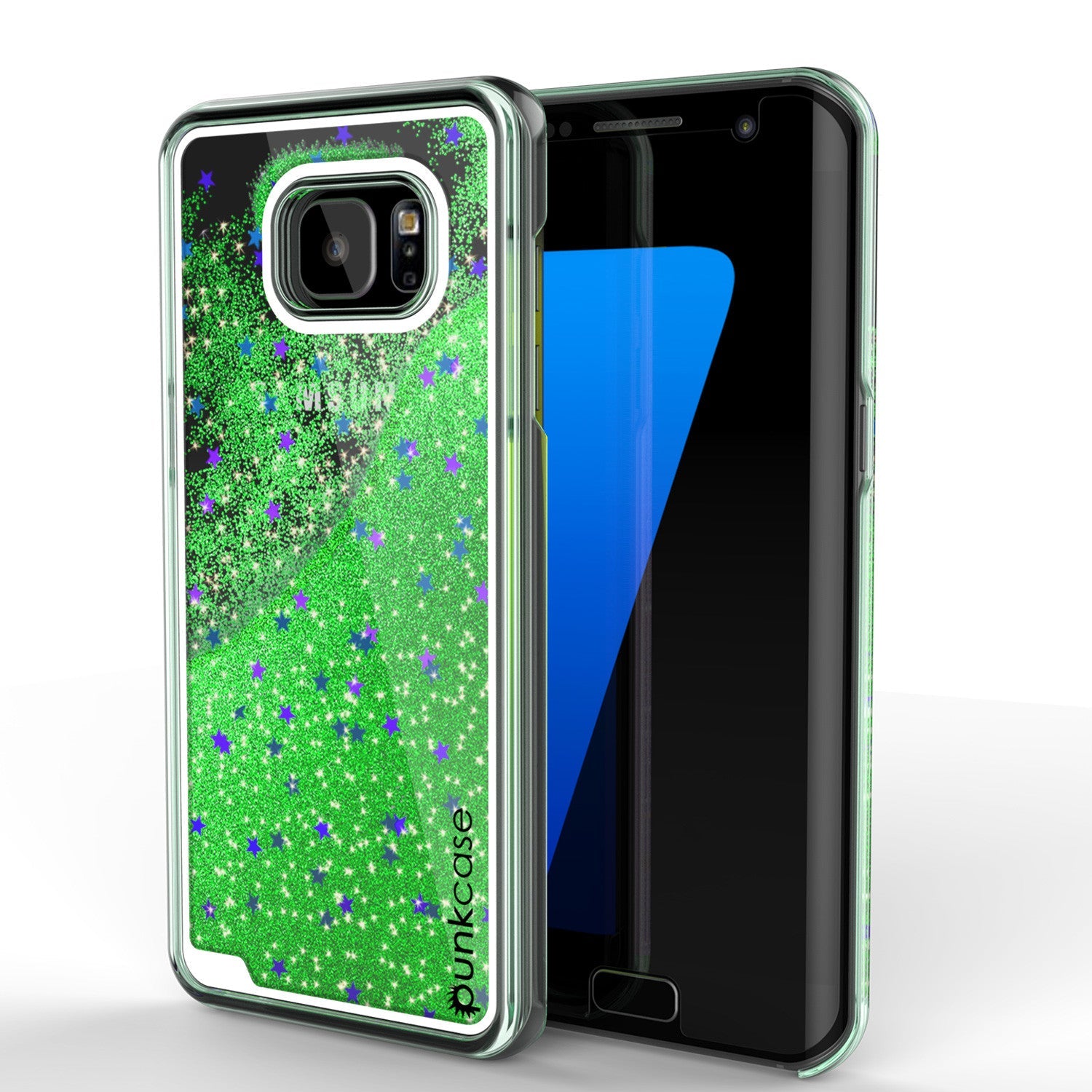 Capa para S7 Edge, série verde LIQUID PunkCase, capa protetora de camada dupla com glitter flutuante