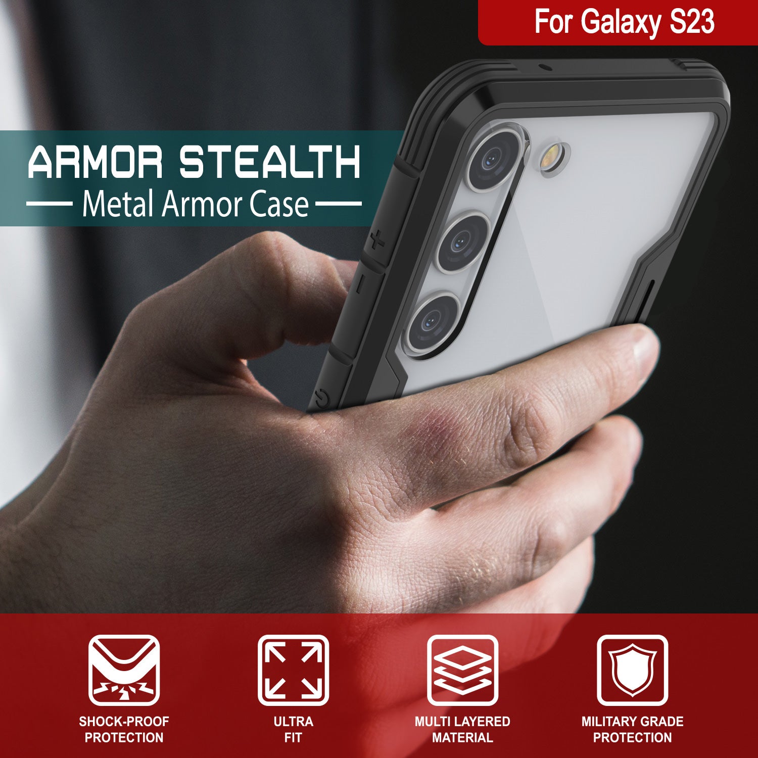 Capa de proteção Punkcase S23 Armor Stealth de Grau Militar, Cobertura Multicamada [Preto]