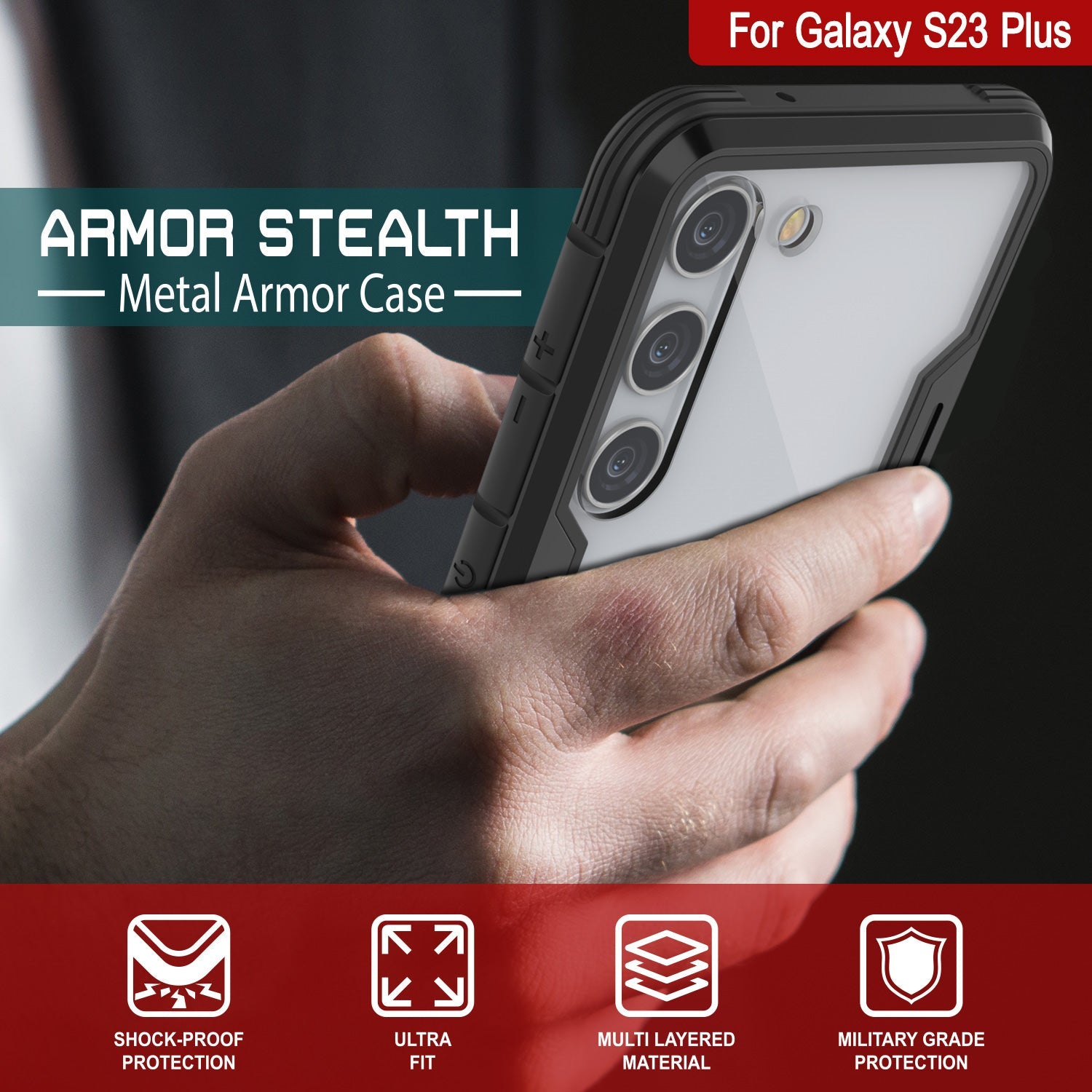 Capa de proteção de armadura Stealth Punkcase S23+ Plus, de qualidade militar e cobertura multicamadas [preto]
