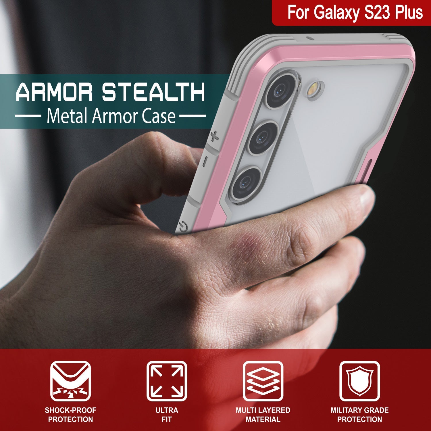 Capa de proteção Punkcase S23+ Plus Armor Stealth Militar, Rose-Gold de várias camadas de proteção de grau militar.