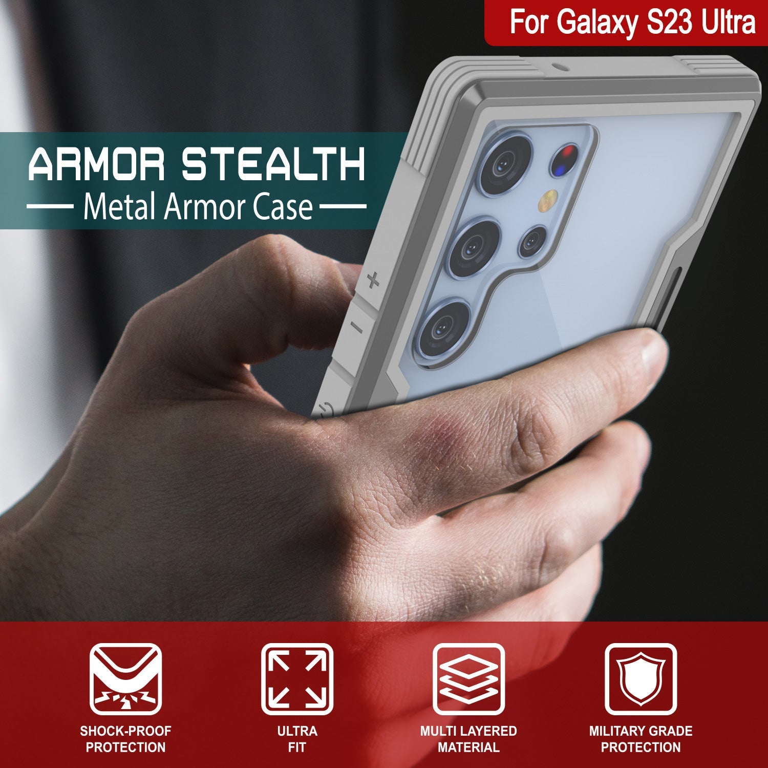 Capa de proteção blindada Punkcase S23 Ultra Armor Stealth de grau militar, cobertura multicamadas [Cinza]