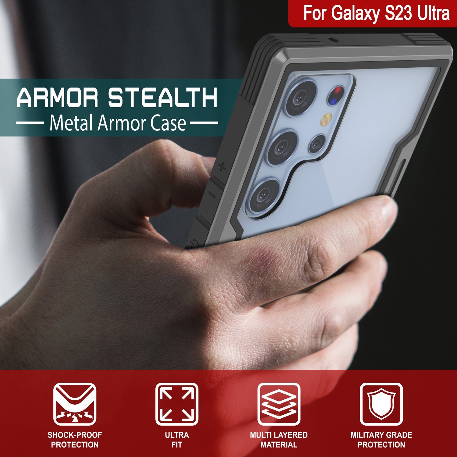 Capa de proteção militar de camada múltipla Punkcase S23 Ultra Armor Stealth [Cinza-Preto]
