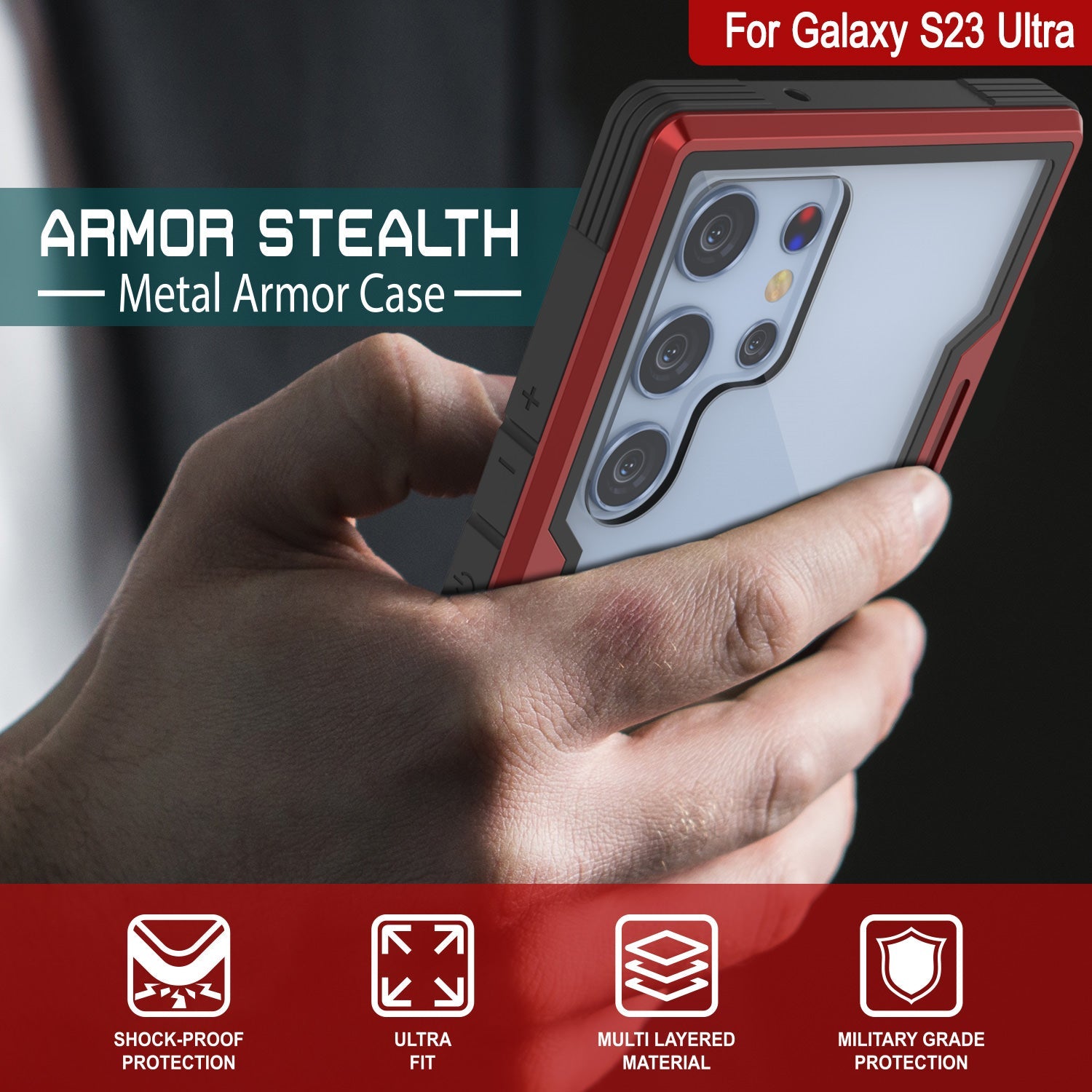 Capa de proteção Punkcase S23 Ultra Armor Stealth de alta segurança militar multicamadas [Vermelha]