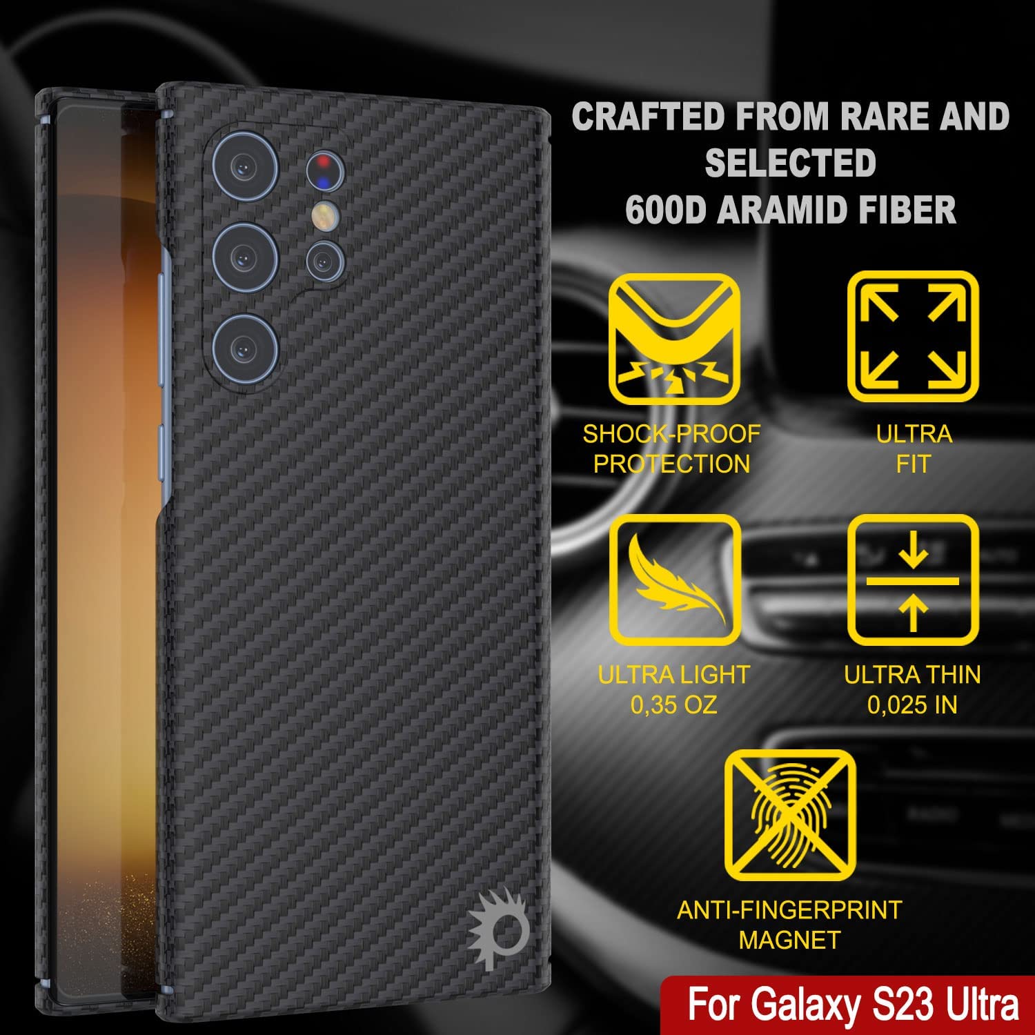 Capa de fibra de carbono ultrafina e leve Punkcase S23 [Série AramidShield] Kevlar.