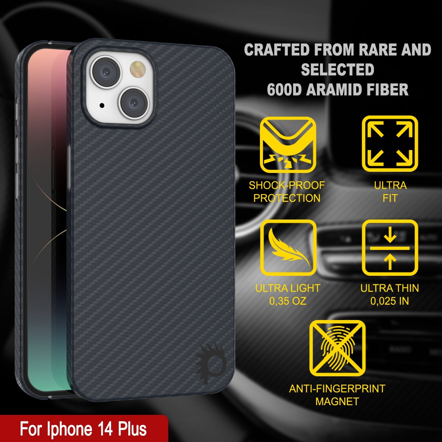 Capa Punkcase iPhone 14 Plus em Fibra de Carbono [Série AramidShield] Ultra Fina e Leve em Kevlar