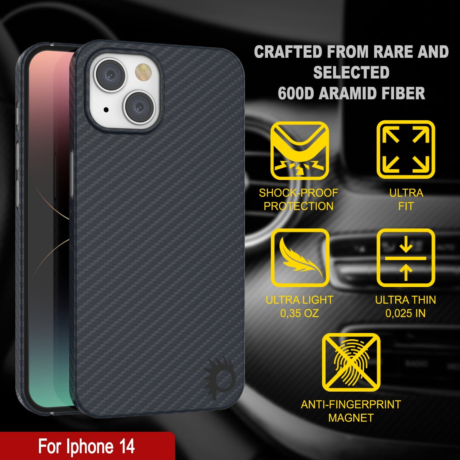 Capa de fibra de carbono Punkcase para iPhone 14 [Série AramidShield] Ultra Slim & Leve de Kevlar