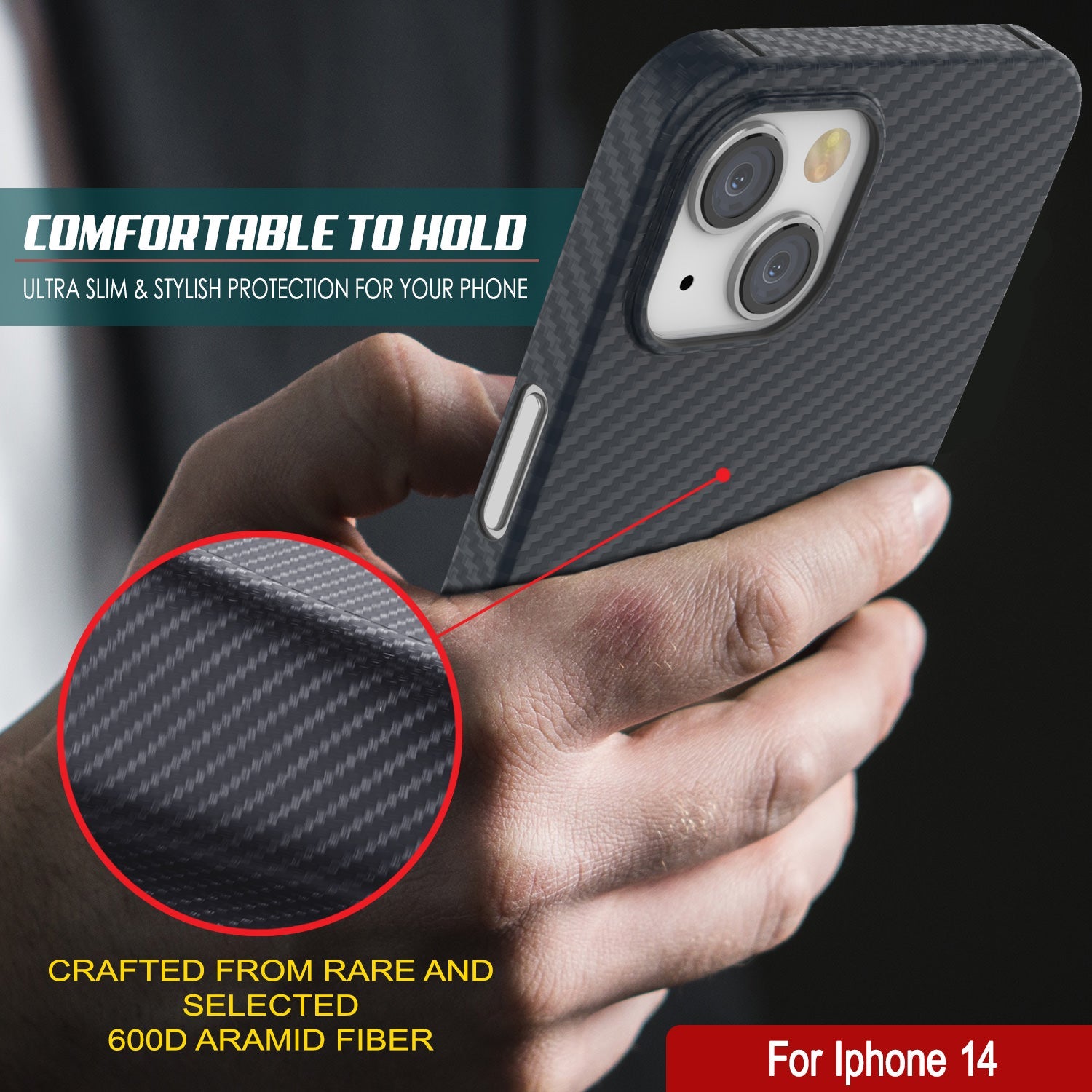 Capa de fibra de carbono Punkcase para iPhone 14 [Série AramidShield] Ultra Slim & Leve de Kevlar