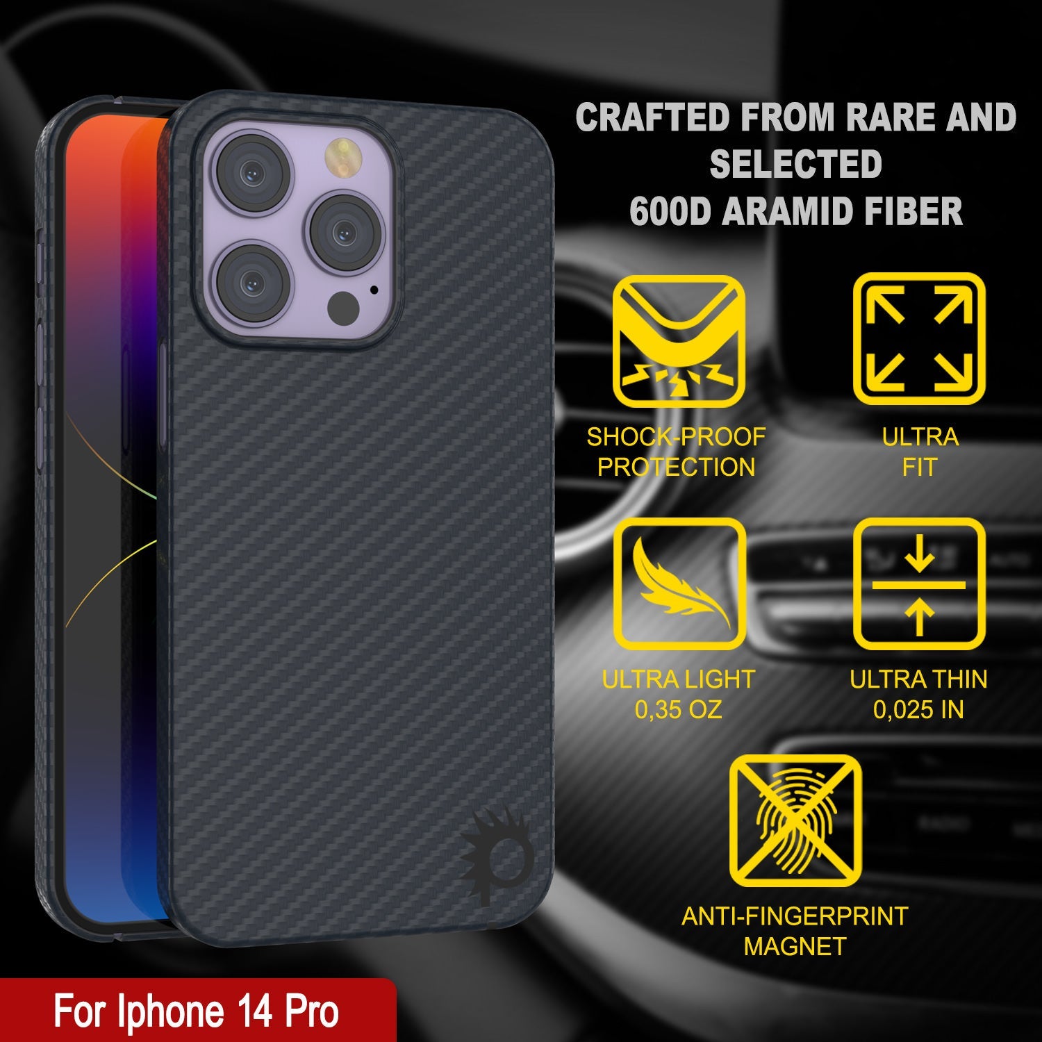 Capa de fibra de carbono Punkcase iPhone 14 Pro [Série AramidShield] Ultra Fino e Leve Kevlar