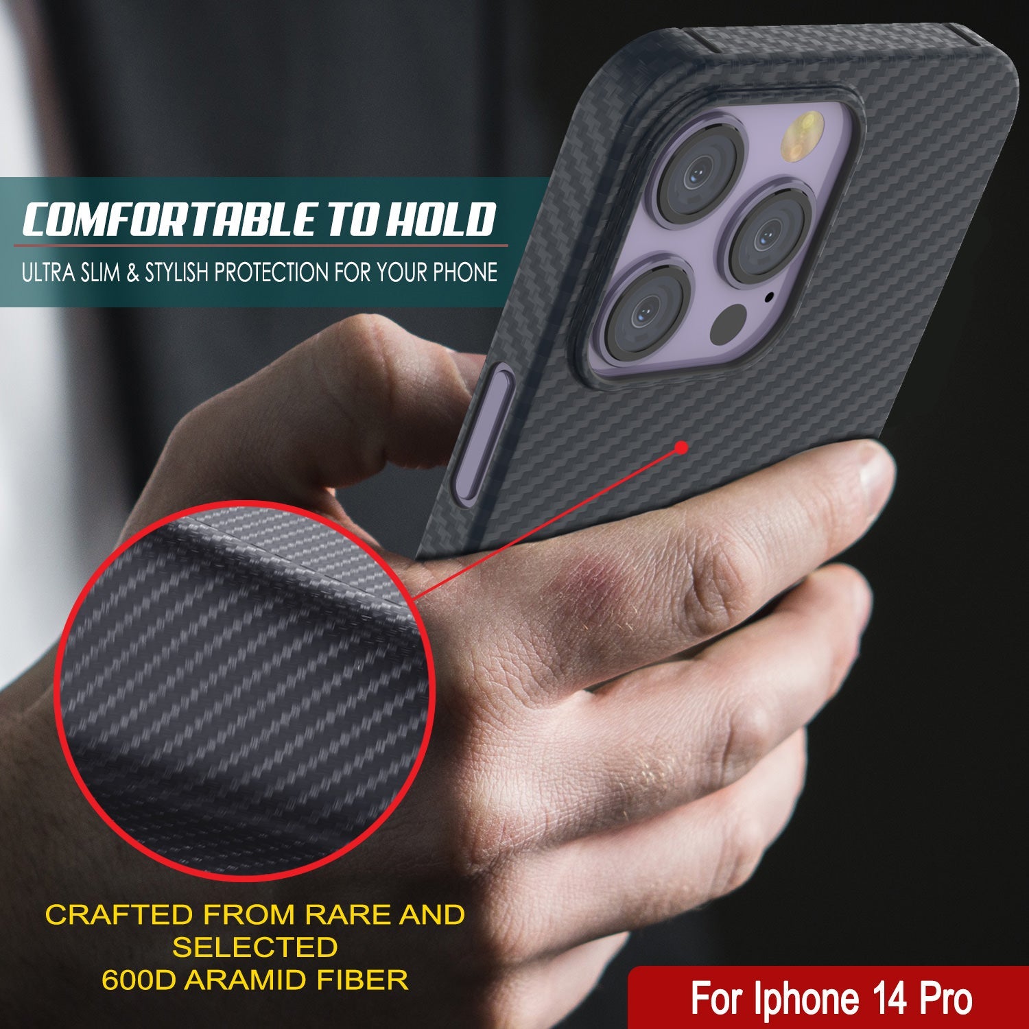 Capa de fibra de carbono Punkcase iPhone 14 Pro [Série AramidShield] Ultra Fino e Leve Kevlar