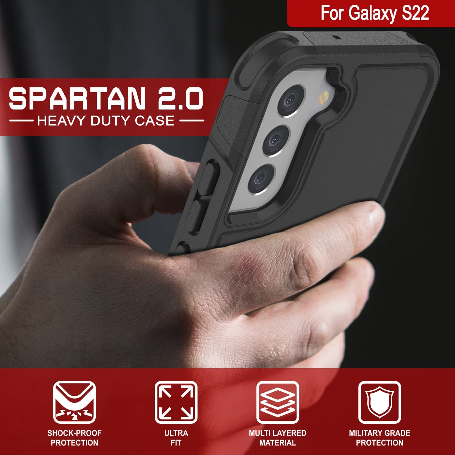 Capa PunkCase Galaxy S22, Série Spartan 2.0, Resistente Transparente e Robusta [Preto]