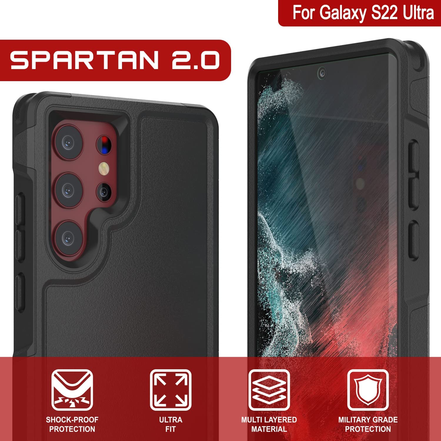 Capa PunkCase Galaxy S22 Ultra, Série Spartan 2.0 Transparente Resistente e Resistente [Preto]