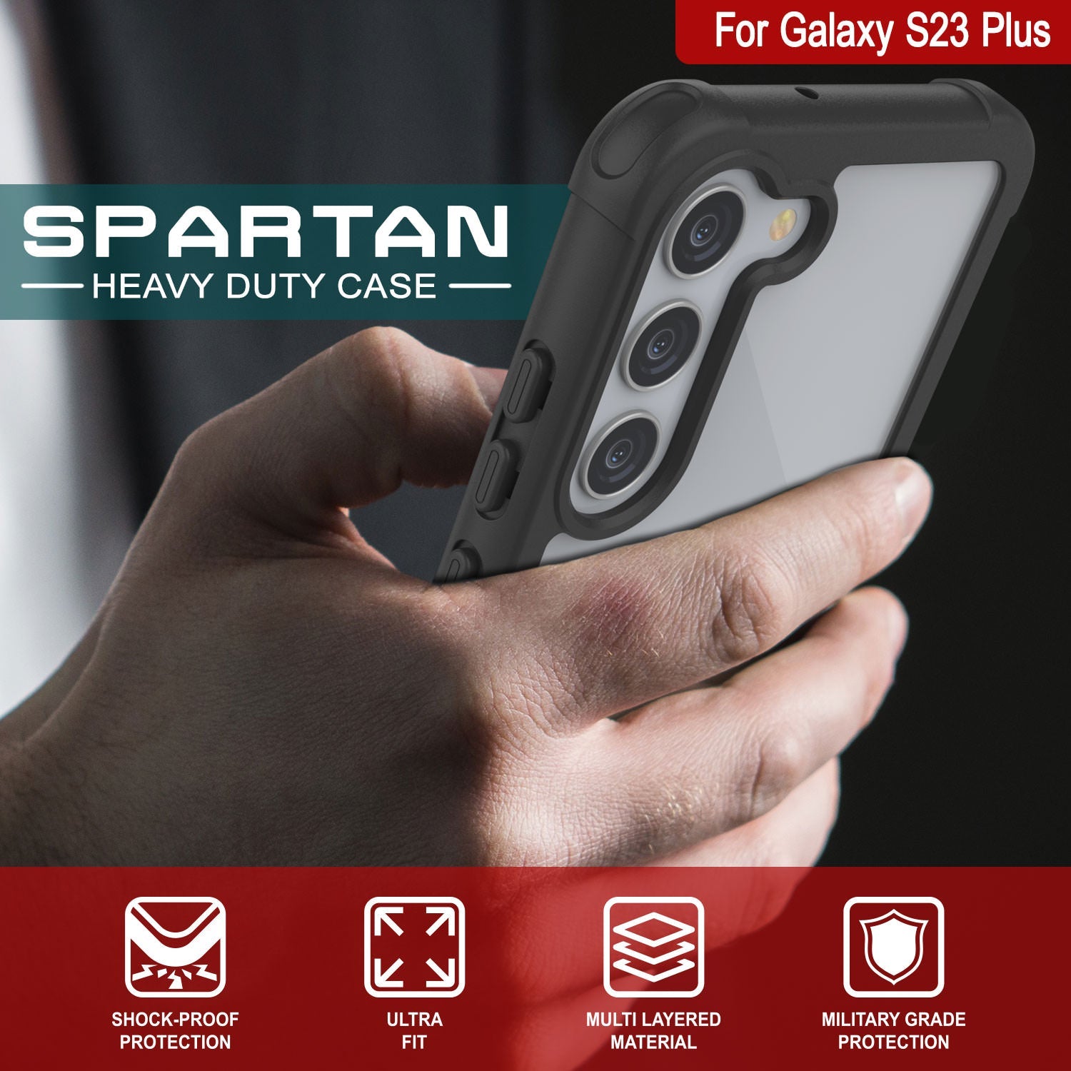 Capa PunkCase Galaxy S23+ Plus, Série Espartana, Capa Resistente Transparente de Alta Resistência [Preto]