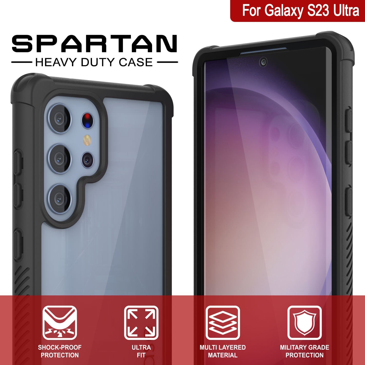 Capa PunkCase Galaxy S23 Ultra, [Série Spartan] Transparente Resistente com Cobertura Pesada [Preto]