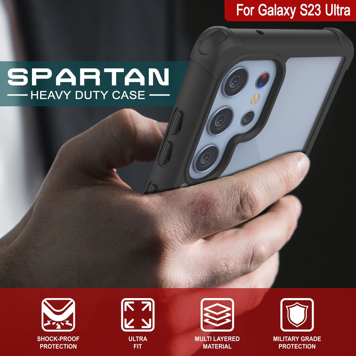 Capa PunkCase Galaxy S23 Ultra, [Série Spartan] Transparente Resistente com Cobertura Pesada [Preto]