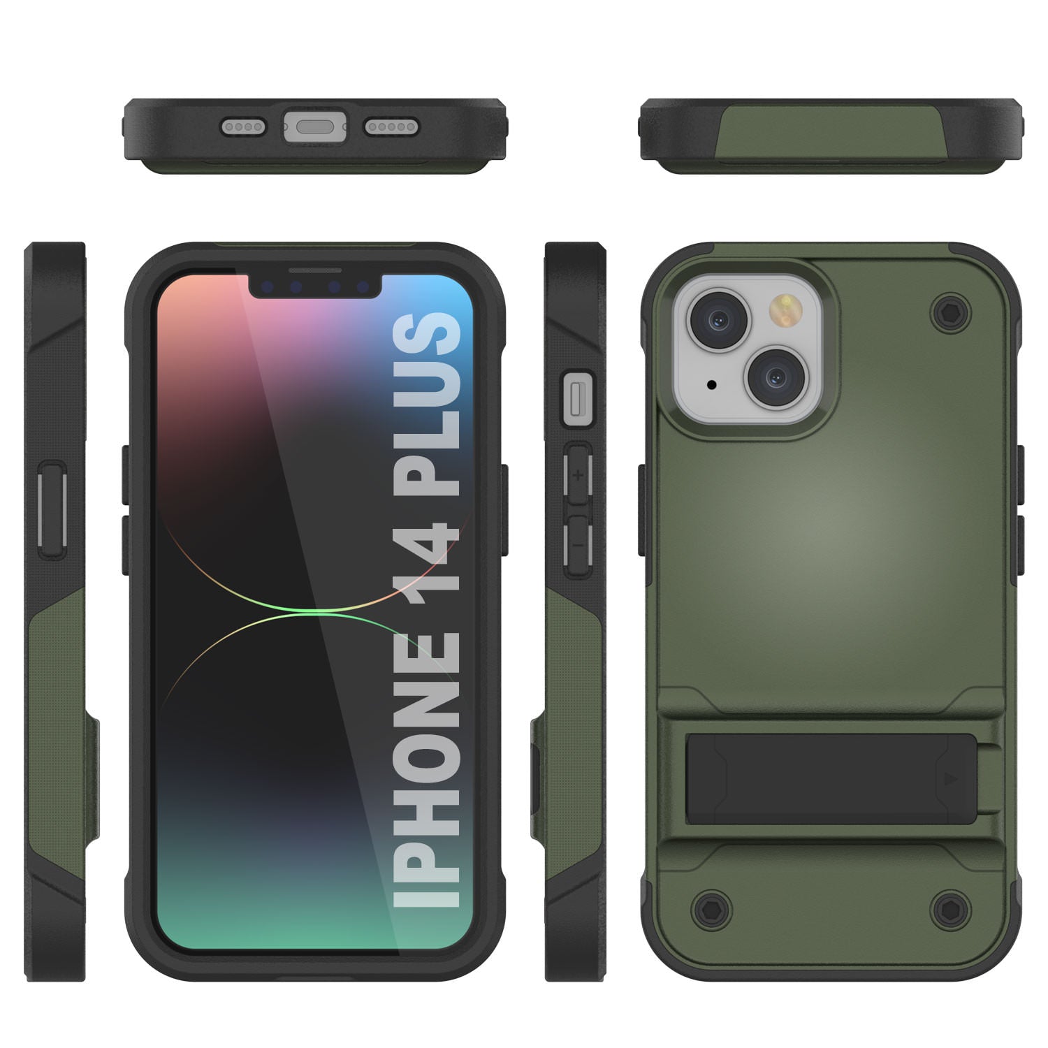 Capa Punkcase para iPhone 14 Plus [Série Reliance] Capa Protetora Híbrida de Grau Militar com Suporte Integrado [Verde Exército-Preto]