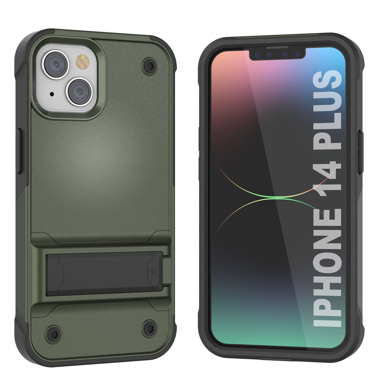 Capa Punkcase para iPhone 14 Plus [Série Reliance] Capa Protetora Híbrida de Grau Militar com Suporte Integrado [Verde Exército-Preto]