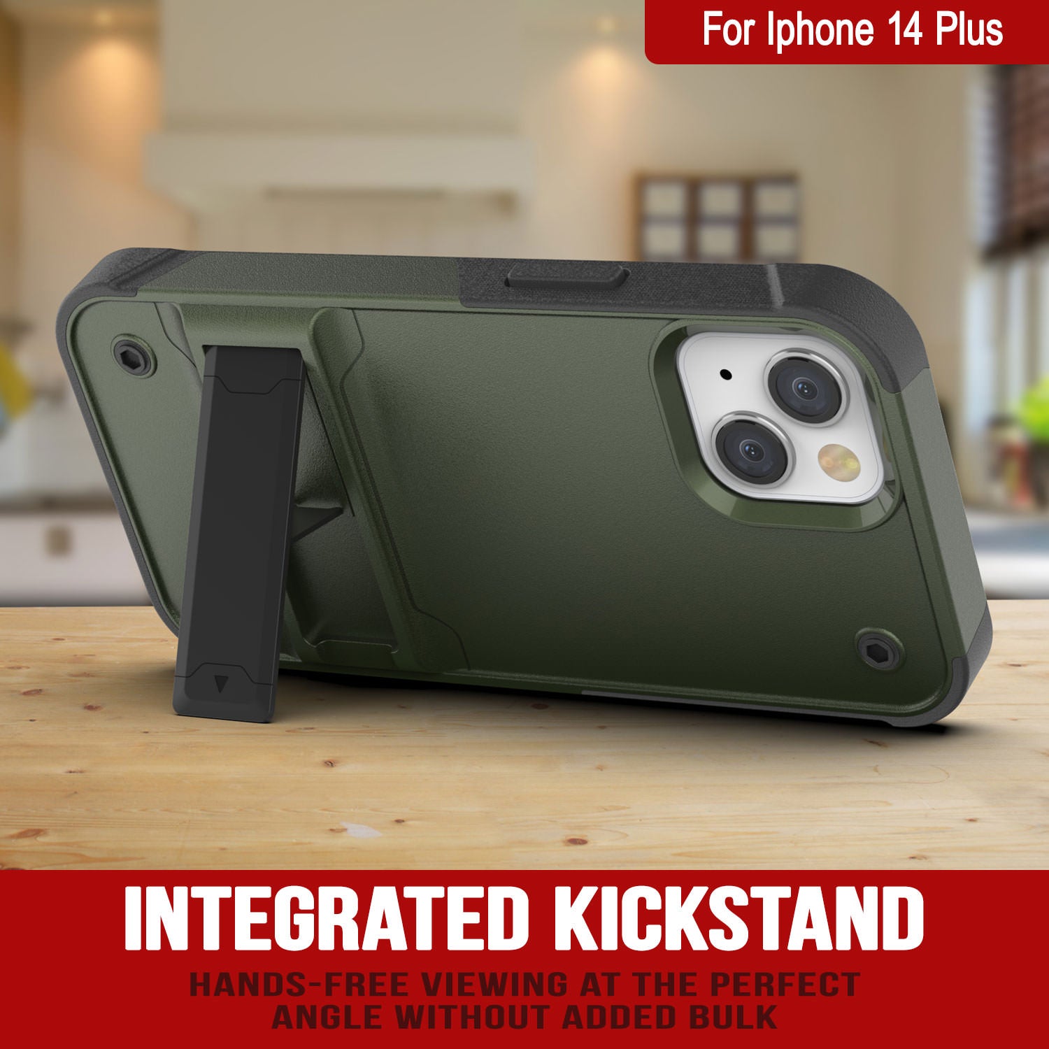 Capa Punkcase para iPhone 14 Plus [Série Reliance] Capa Protetora Híbrida de Grau Militar com Suporte Integrado [Verde Exército-Preto]