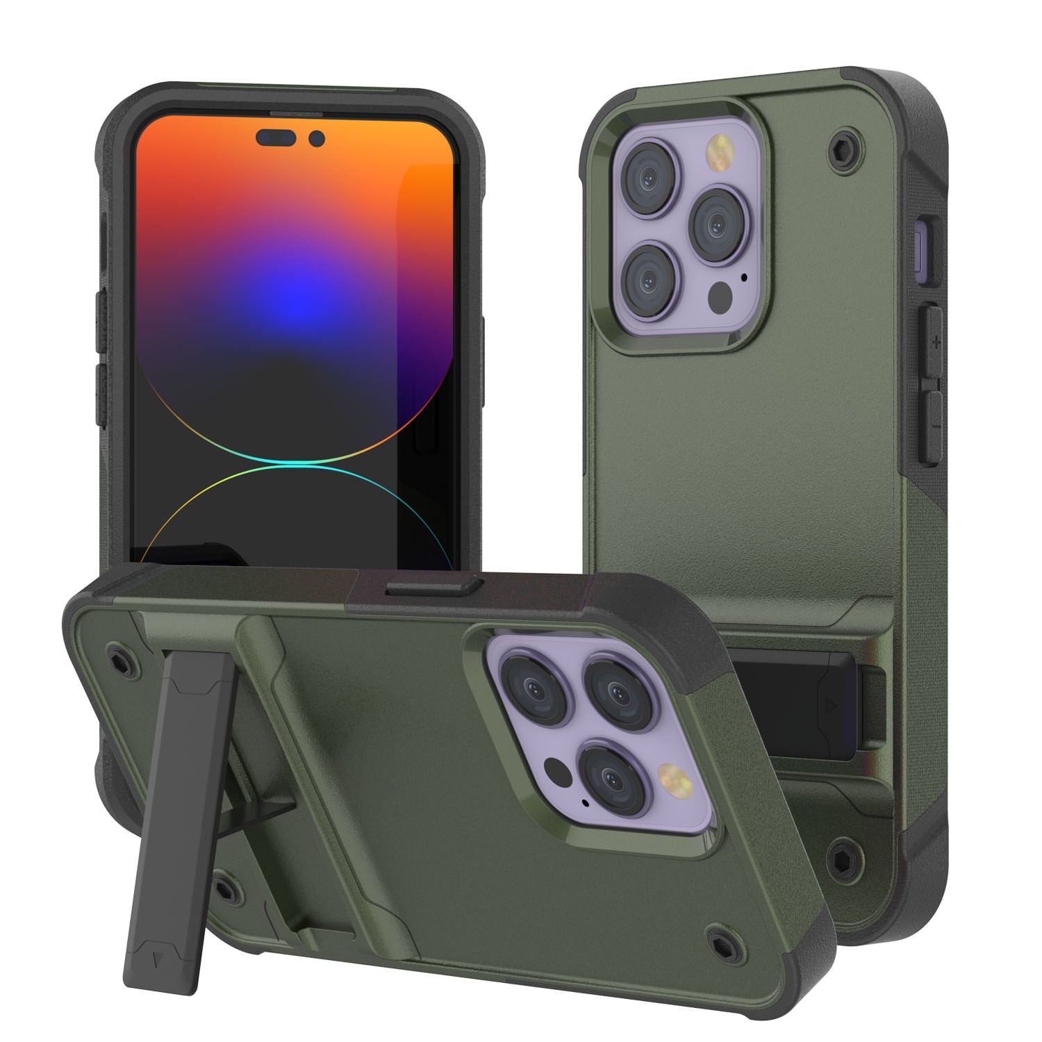 Capa Punkcase iPhone 14 Pro Max [Série Reliance] Cobertura Híbrida Protetora de Grau Militar com Suporte Incorporado [Verde Exército-Preto]
