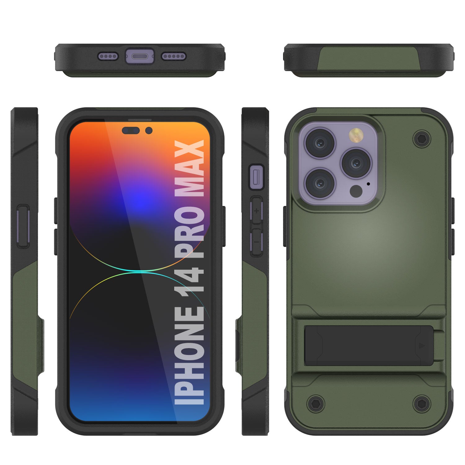 Capa Punkcase iPhone 14 Pro Max [Série Reliance] Cobertura Híbrida Protetora de Grau Militar com Suporte Incorporado [Verde Exército-Preto]