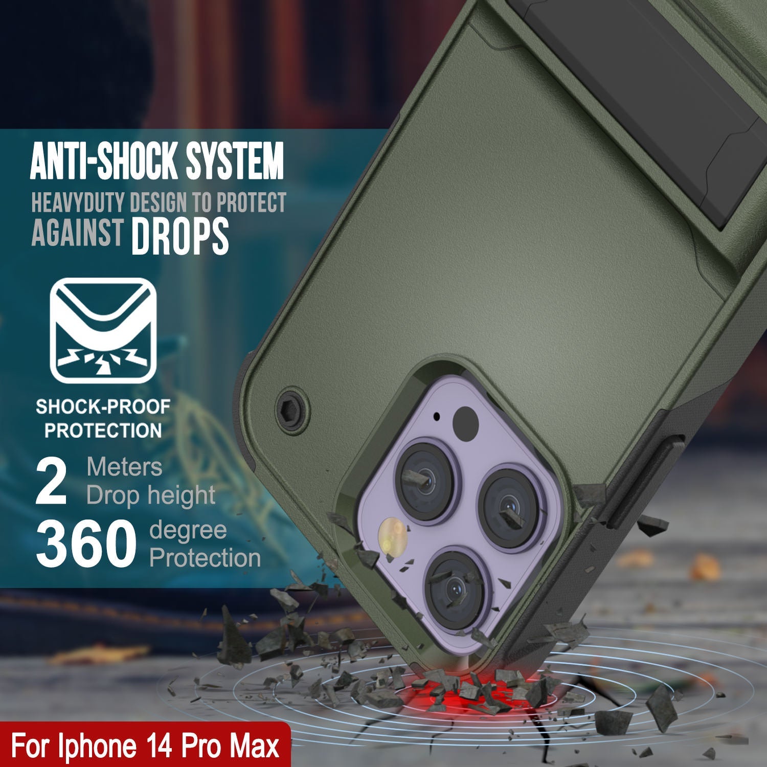 Capa Punkcase iPhone 14 Pro Max [Série Reliance] Cobertura Híbrida Protetora de Grau Militar com Suporte Incorporado [Verde Exército-Preto]