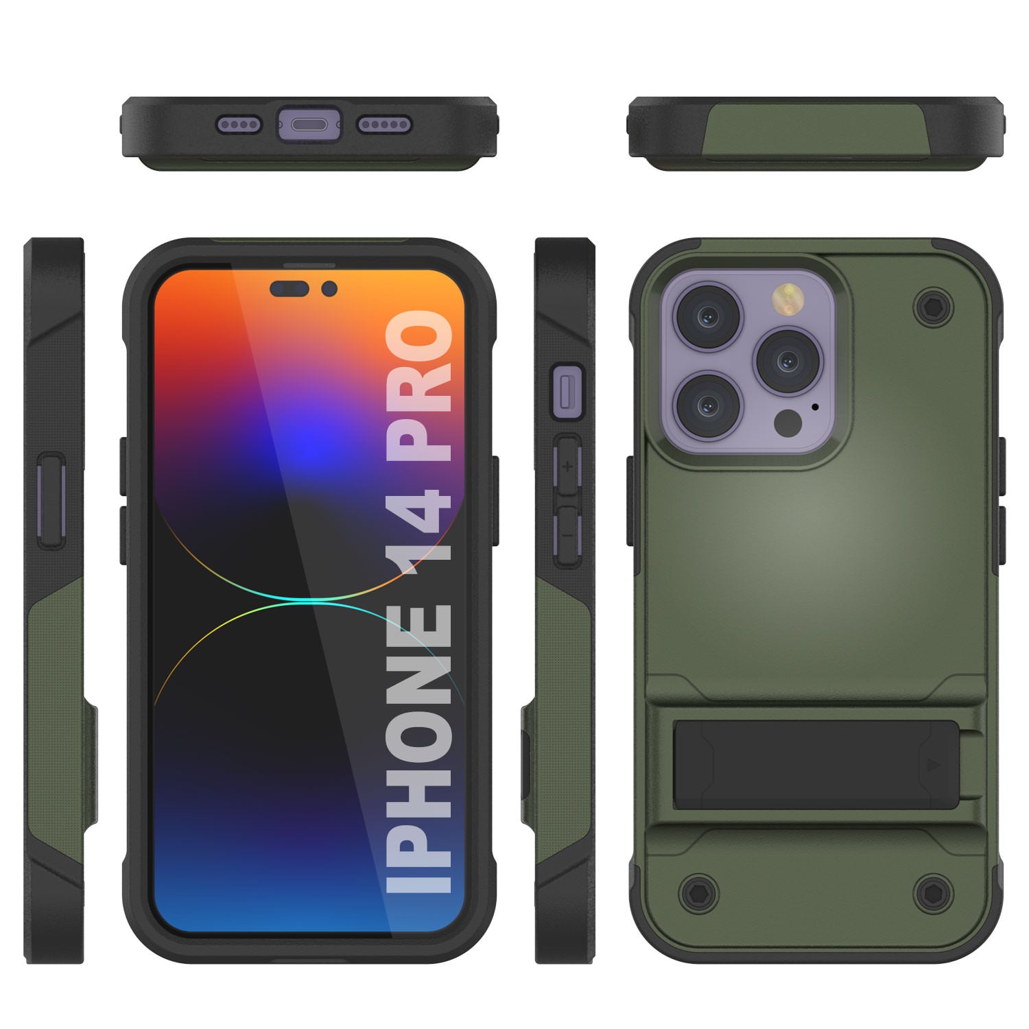 Capa Punkcase iPhone 14 Pro [Série Reliance] Protetora Híbrida de Grau Militar com Suporte Incorporado [Verde Exército-Preto]