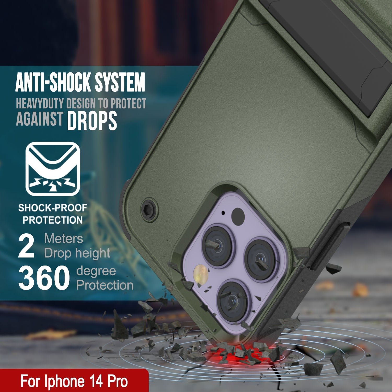 Capa Punkcase iPhone 14 Pro [Série Reliance] Protetora Híbrida de Grau Militar com Suporte Incorporado [Verde Exército-Preto]