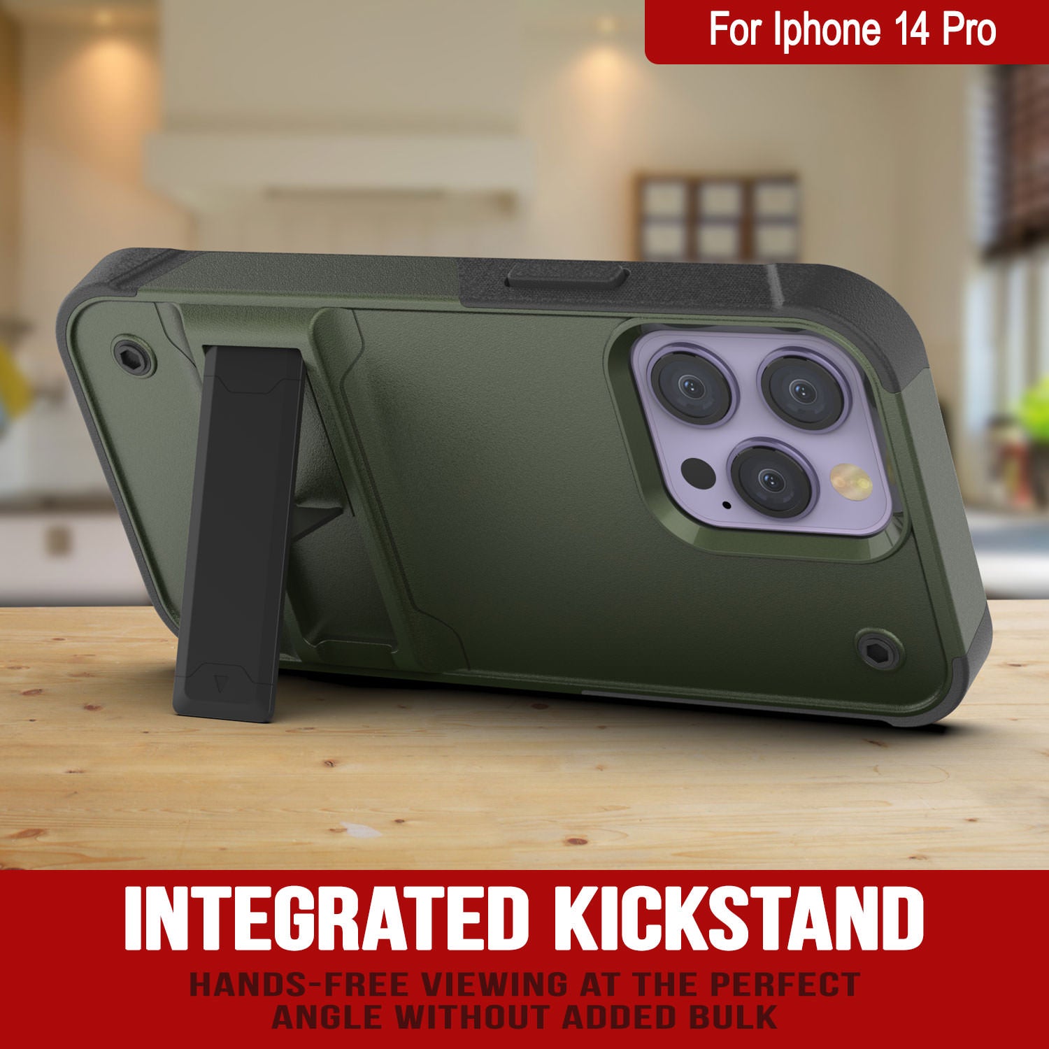 Capa Punkcase iPhone 14 Pro [Série Reliance] Protetora Híbrida de Grau Militar com Suporte Incorporado [Verde Exército-Preto]