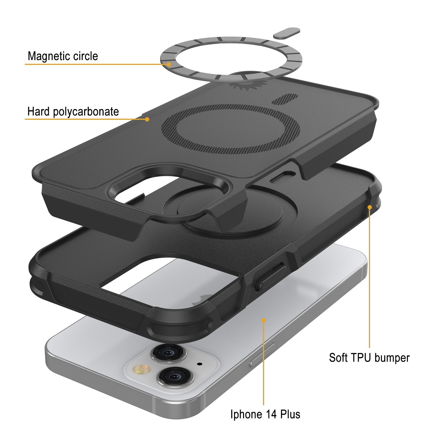 Capa PunkCase para iPhone 14 Plus, Série Spartan 2.0 Transparente Resistente e Resistente com Protetor de Tela Integrado [Preto]