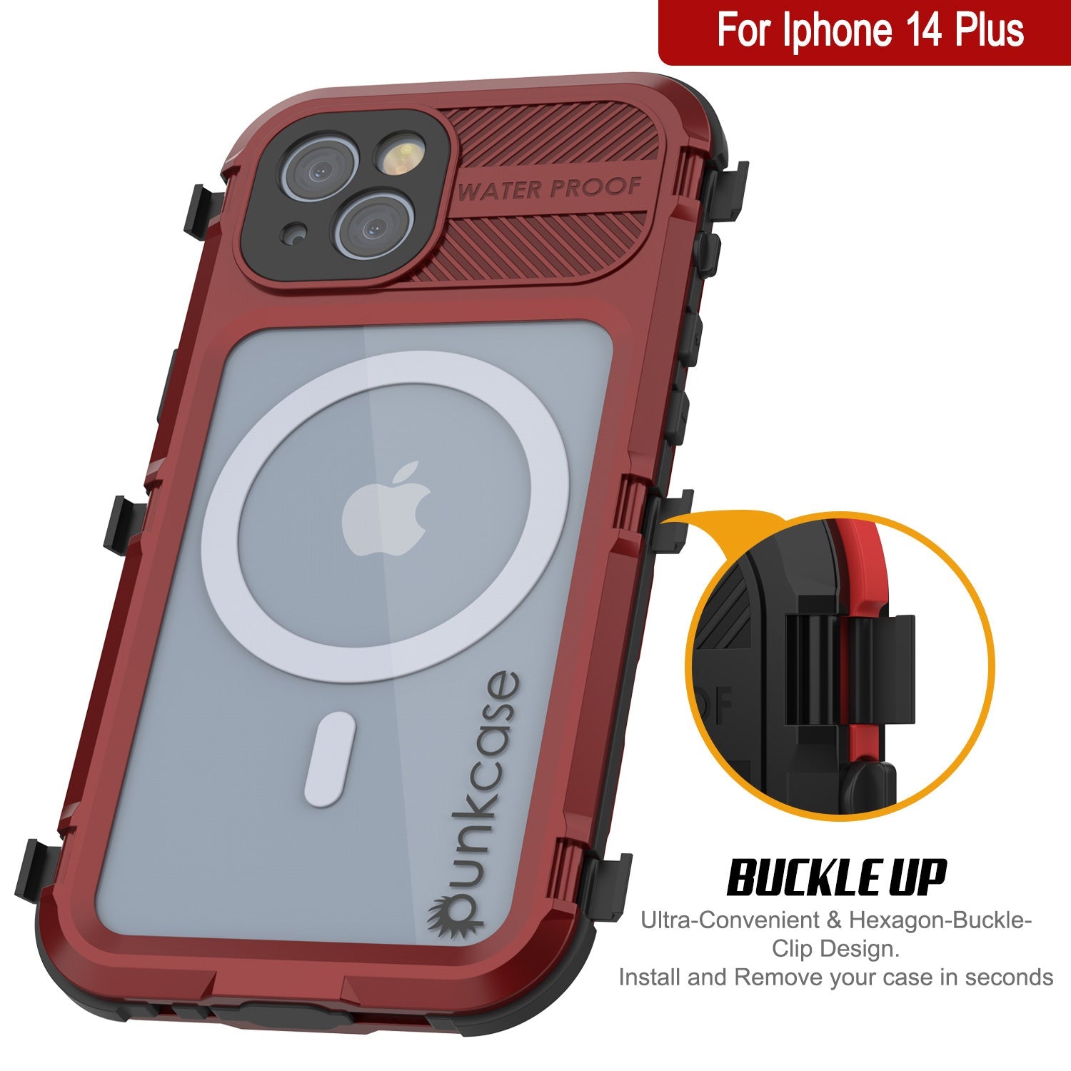 Capa à prova d'água em alumínio da Série Metal Extreme 2.0 para iPhone 14 Plus com protetor de tela embutido IP68 [Vermelho-Preto]