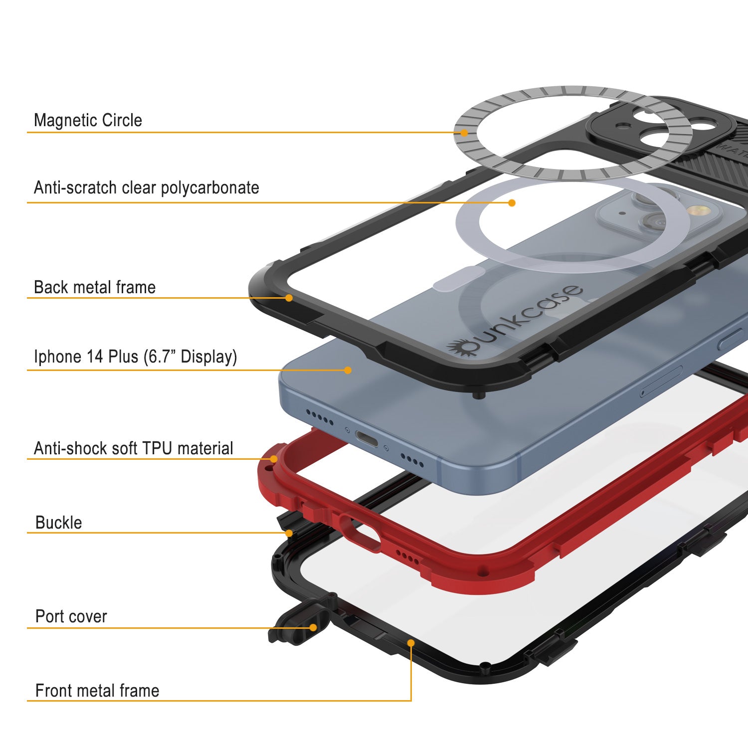 Capa à prova d'água em alumínio da série iPhone 14 Plus Metal Extreme 2.0 IP68 com protetor de tela integrado [Preto-Vermelho]