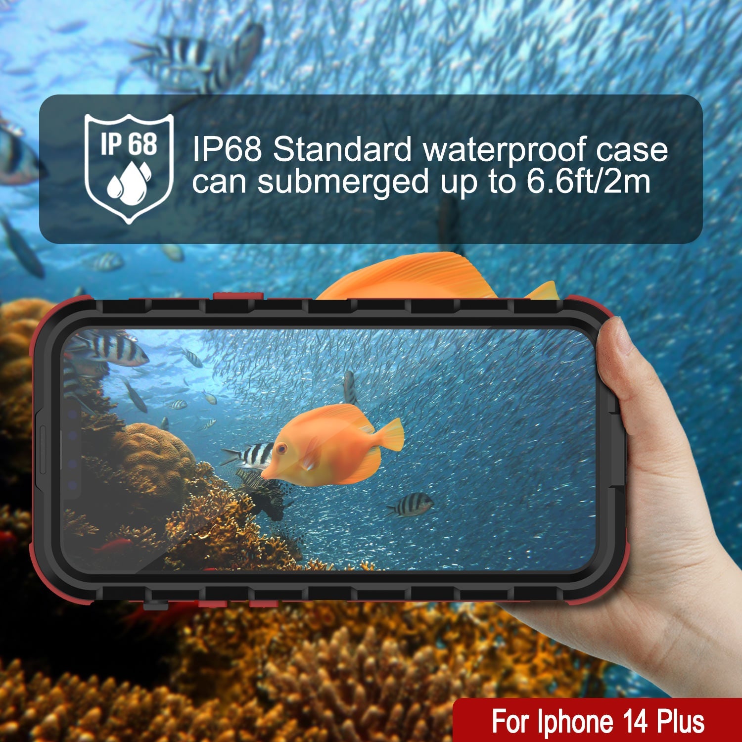 Capa à prova d'água em alumínio da série iPhone 14 Plus Metal Extreme 2.0 IP68 com protetor de tela integrado [Preto-Vermelho]