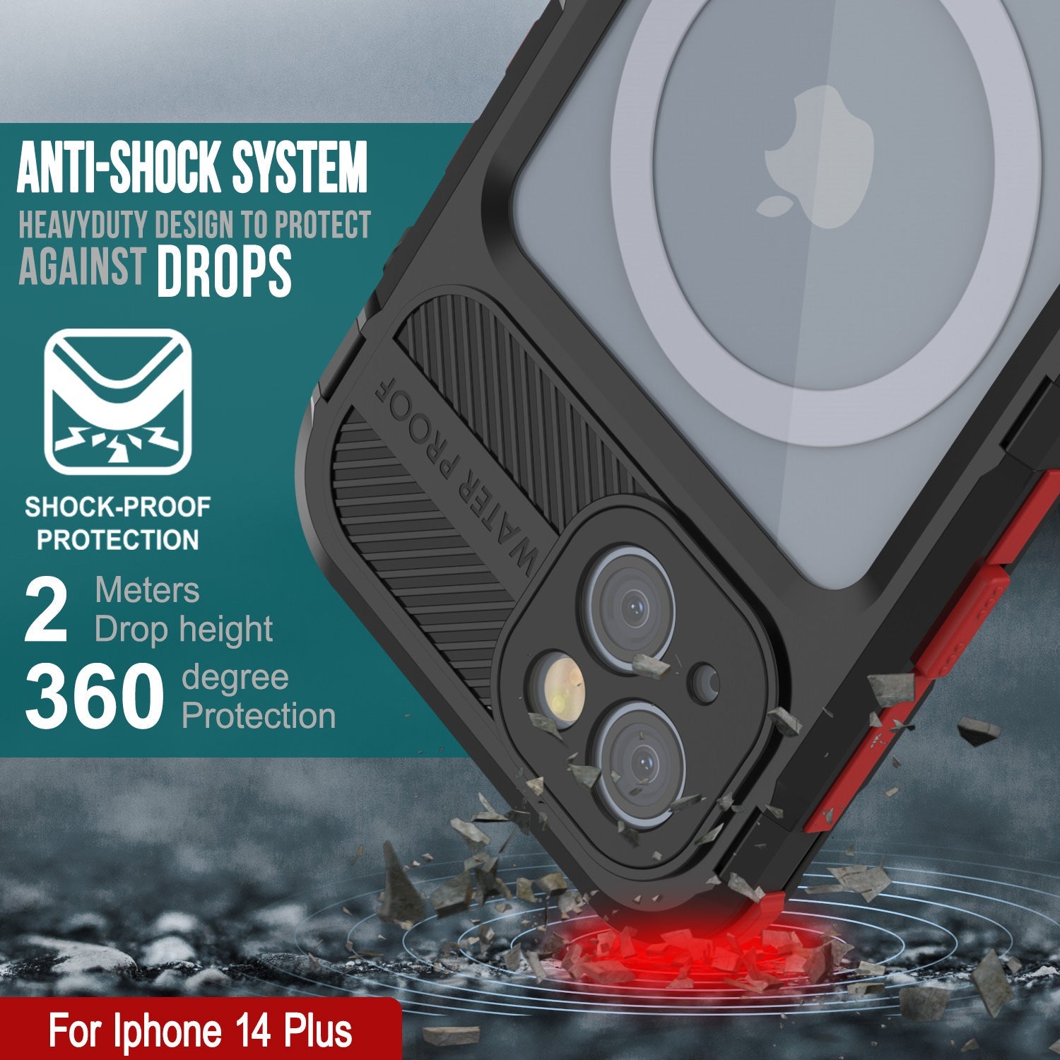 Capa à prova d'água em alumínio da série iPhone 14 Plus Metal Extreme 2.0 IP68 com protetor de tela integrado [Preto-Vermelho]