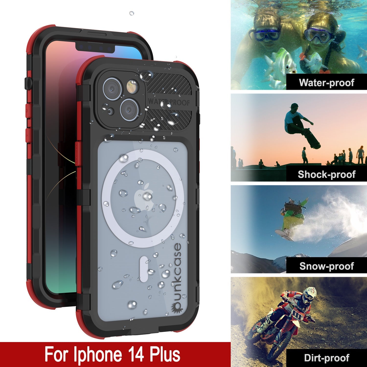 Capa à prova d'água em alumínio da série iPhone 14 Plus Metal Extreme 2.0 IP68 com protetor de tela integrado [Preto-Vermelho]
