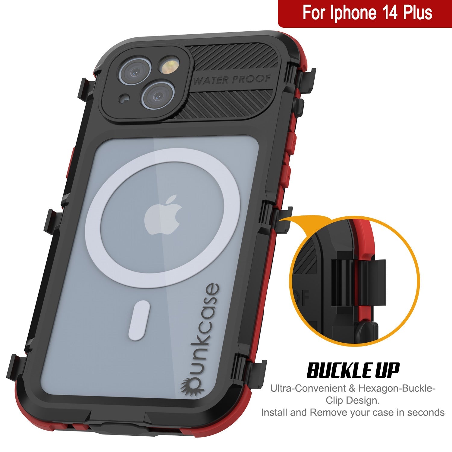Capa à prova d'água em alumínio da série iPhone 14 Plus Metal Extreme 2.0 IP68 com protetor de tela integrado [Preto-Vermelho]