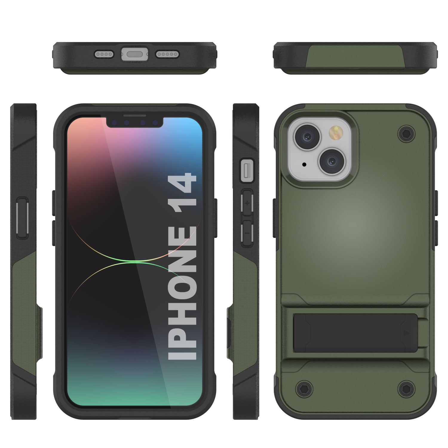 Capa Punkcase para iPhone 14 [Série Reliance] Capa Híbrida Protetora de Grau Militar com Suporte Incorporado [Verde Exército e Preto]