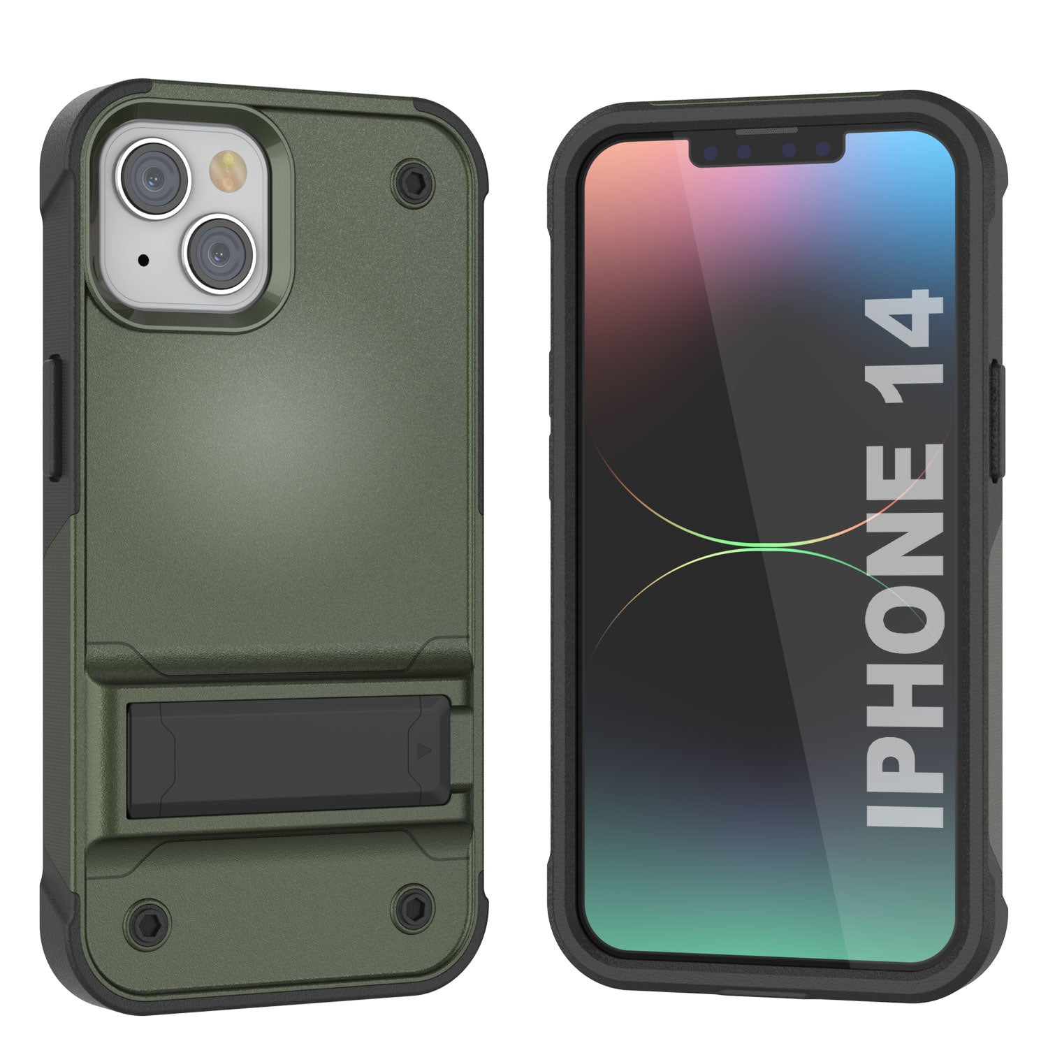 Capa Punkcase para iPhone 14 [Série Reliance] Capa Híbrida Protetora de Grau Militar com Suporte Incorporado [Verde Exército e Preto]