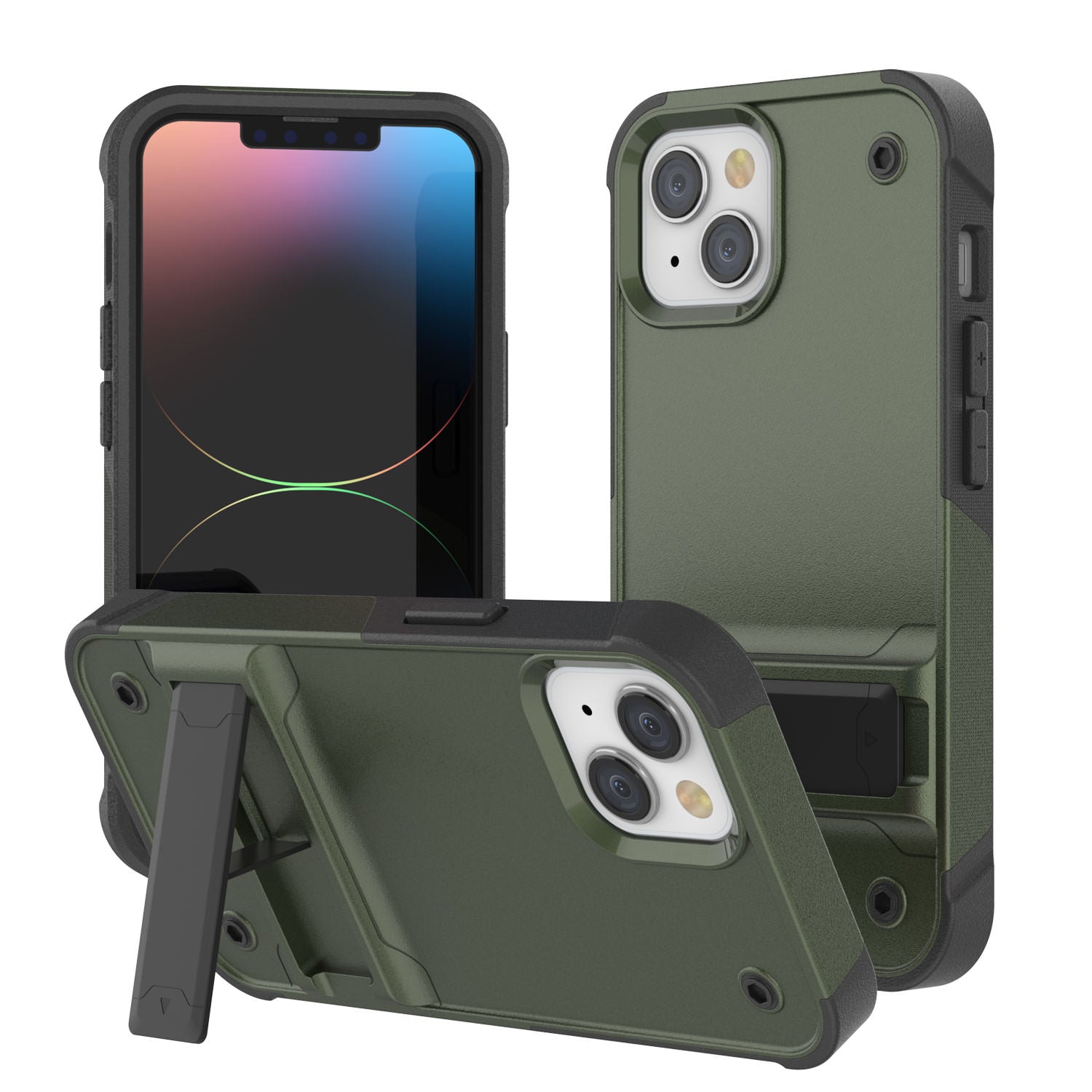 Capa Punkcase para iPhone 14 [Série Reliance] Capa Híbrida Protetora de Grau Militar com Suporte Incorporado [Verde Exército e Preto]