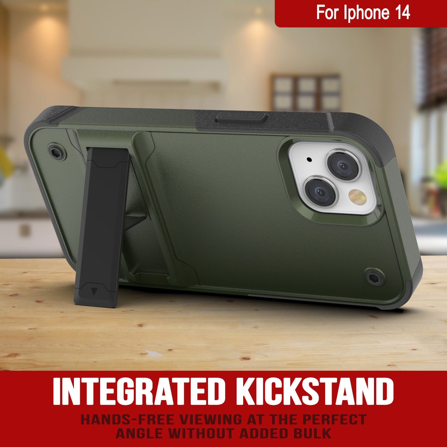 Capa Punkcase para iPhone 14 [Série Reliance] Capa Híbrida Protetora de Grau Militar com Suporte Incorporado [Verde Exército e Preto]