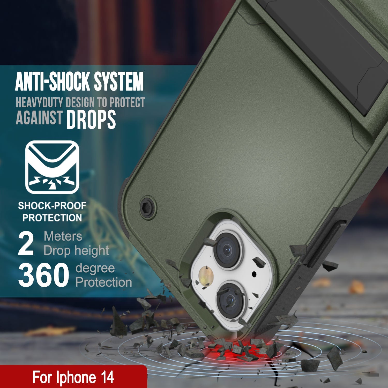 Capa Punkcase para iPhone 14 [Série Reliance] Capa Híbrida Protetora de Grau Militar com Suporte Incorporado [Verde Exército e Preto]