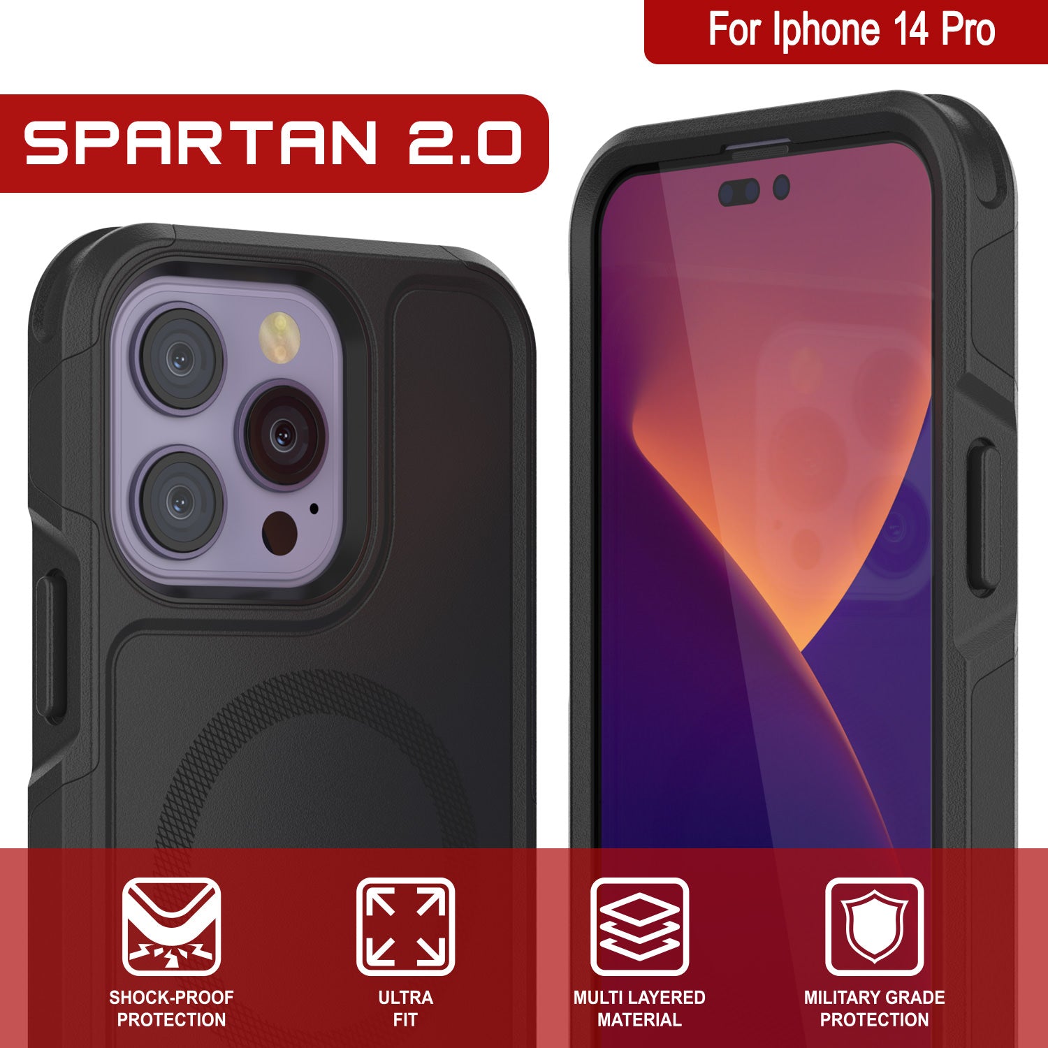 Capa PunkCase para iPhone 14 Pro, Série Spartan 2.0, Capa Resistente Transparente com Protetor de Tela Embutido [Preto]