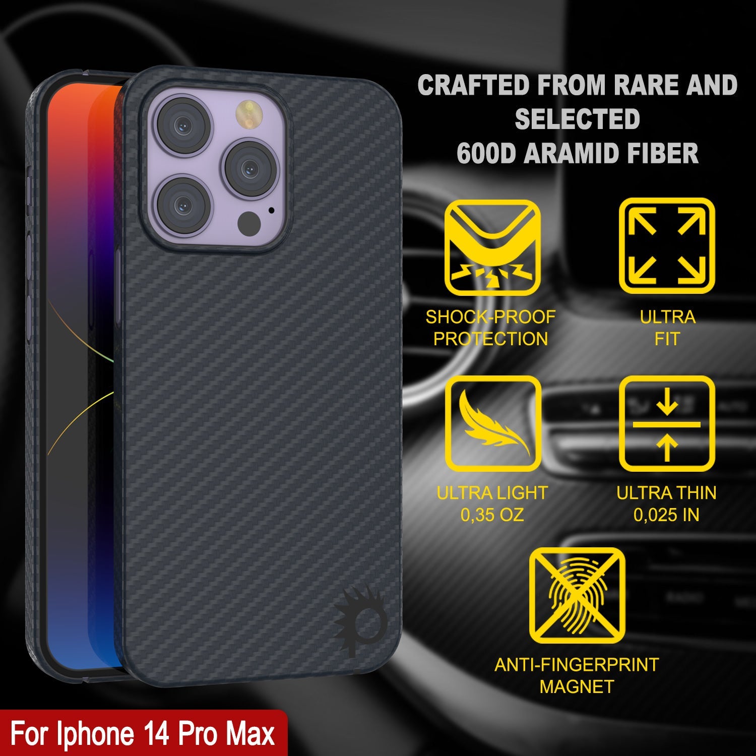 Capa de fibra de carbono Punkcase para iPhone 14 Pro Max [Série AramidShield] Ultra Fina e Leve Kevlar