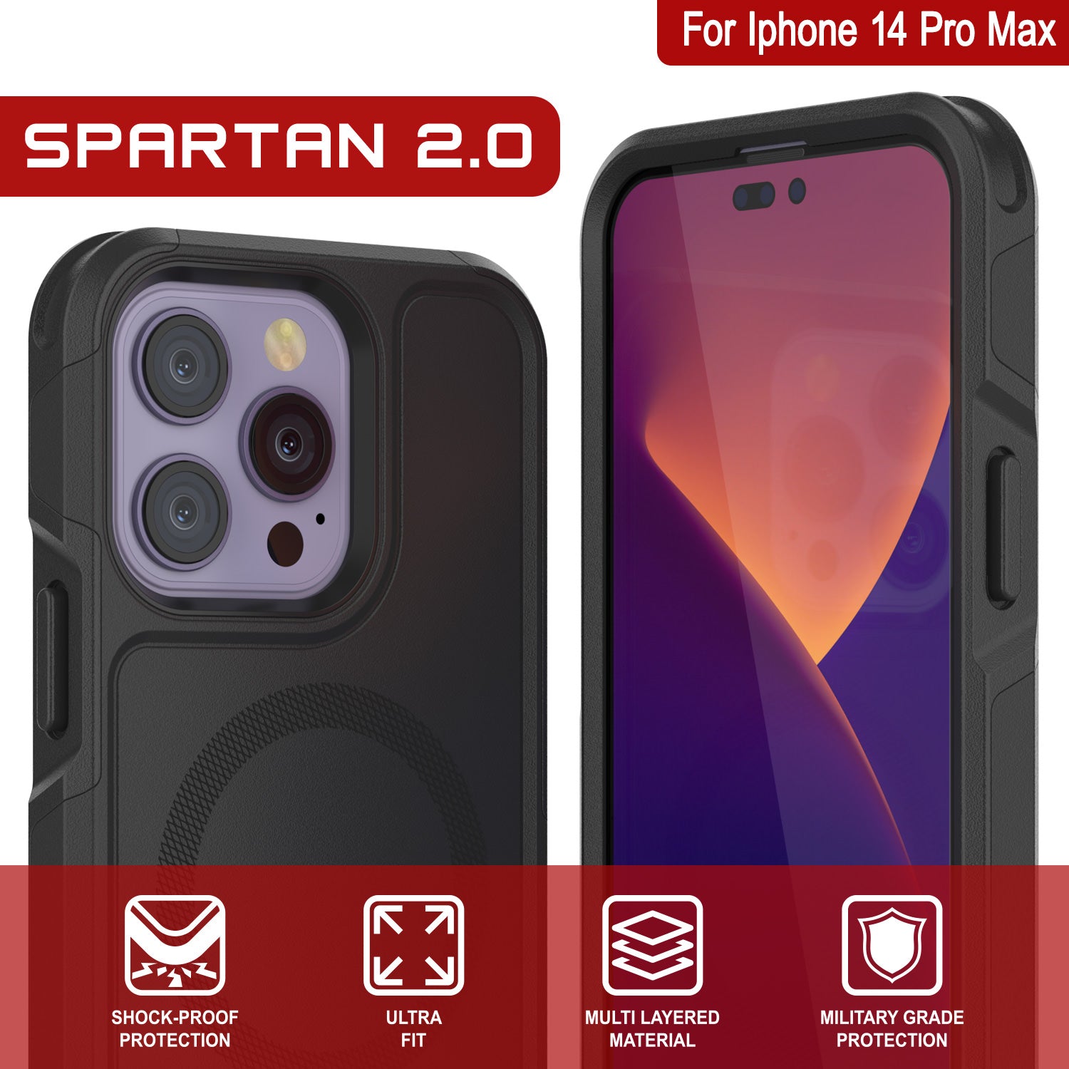 Capa PunkCase iPhone 14 Pro Max, Série Spartan 2.0 Transparente Resistente com Protetor de Tela Embutido [Preto]