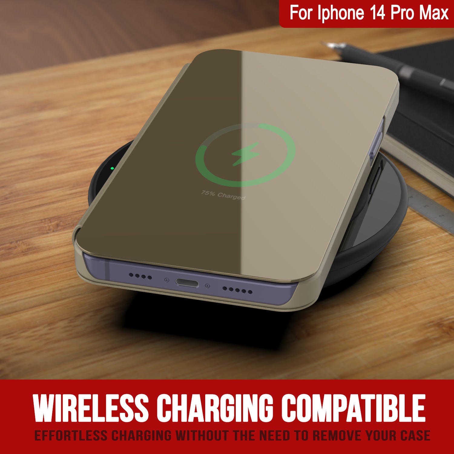 Capa protetora Punkcase iPhone 14 Pro Max Reflector Flip Cover [Dourada]