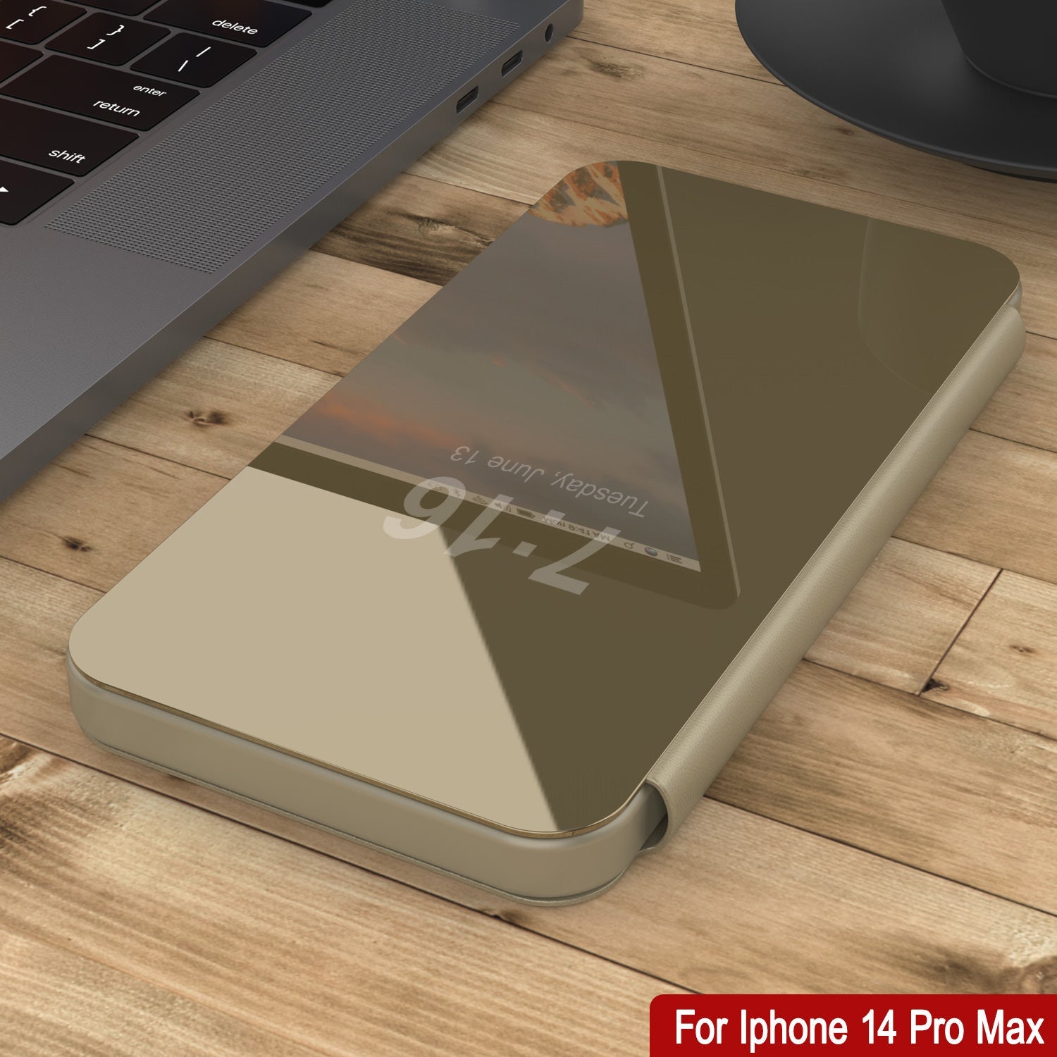 Capa protetora Punkcase iPhone 14 Pro Max Reflector Flip Cover [Dourada]