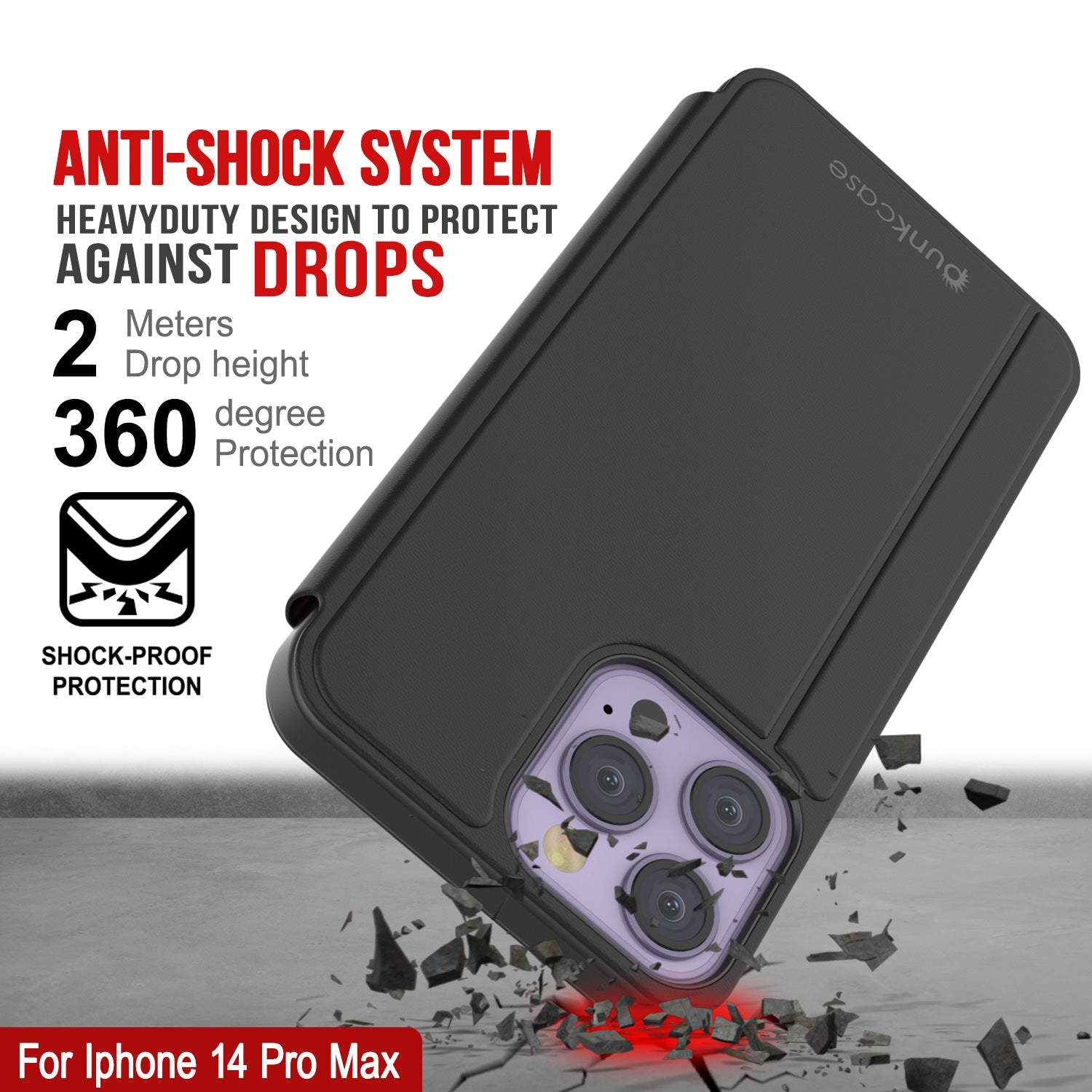 Capa protetora Punkcase iPhone 14 Pro Max Reflector Flip Cover [Preto]
