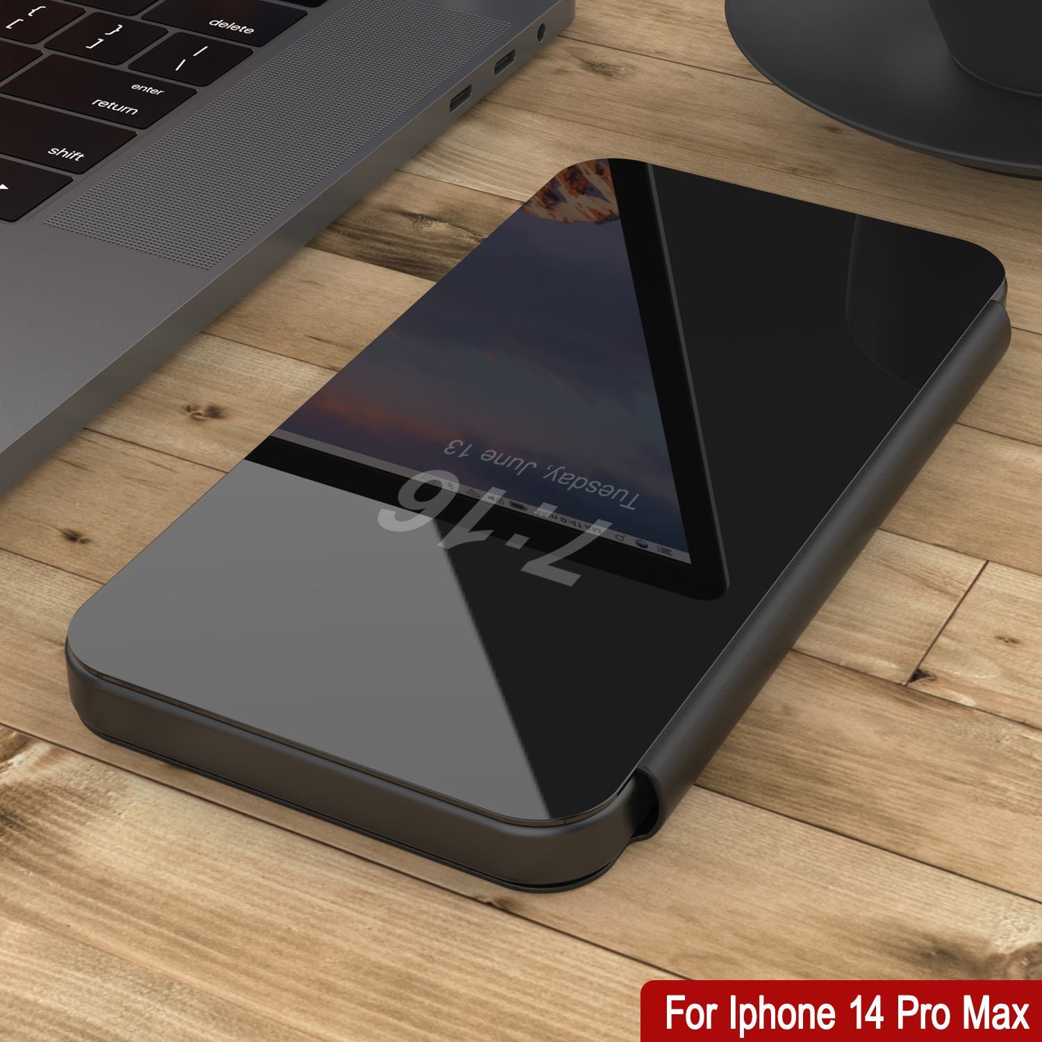 Capa protetora Punkcase iPhone 14 Pro Max Reflector Flip Cover [Preto]