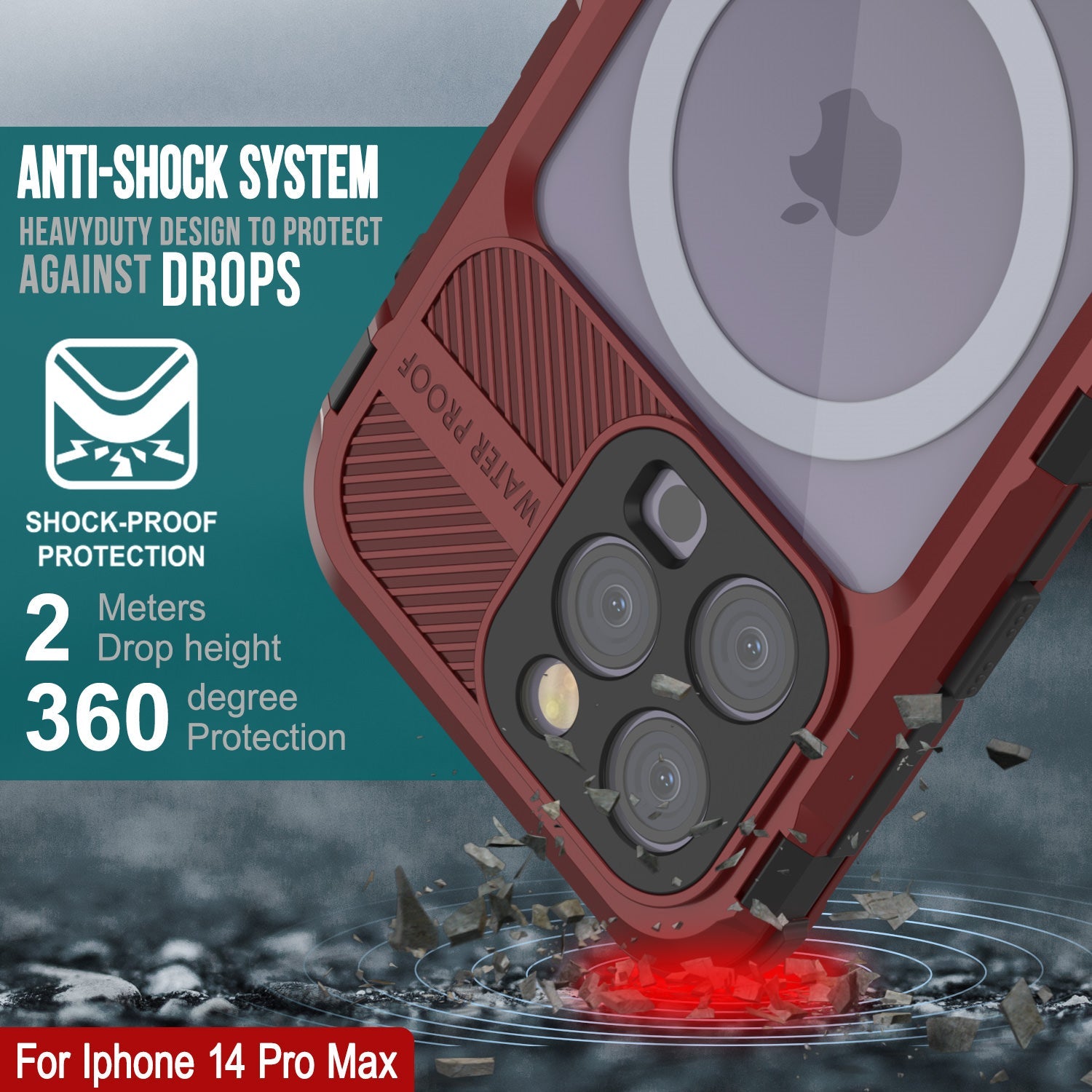 Capa à prova d'água em alumínio da série Metal Extreme 2.0 para iPhone 14 Pro Max com protetor de tela embutido IP68 [Vermelho-Preto]