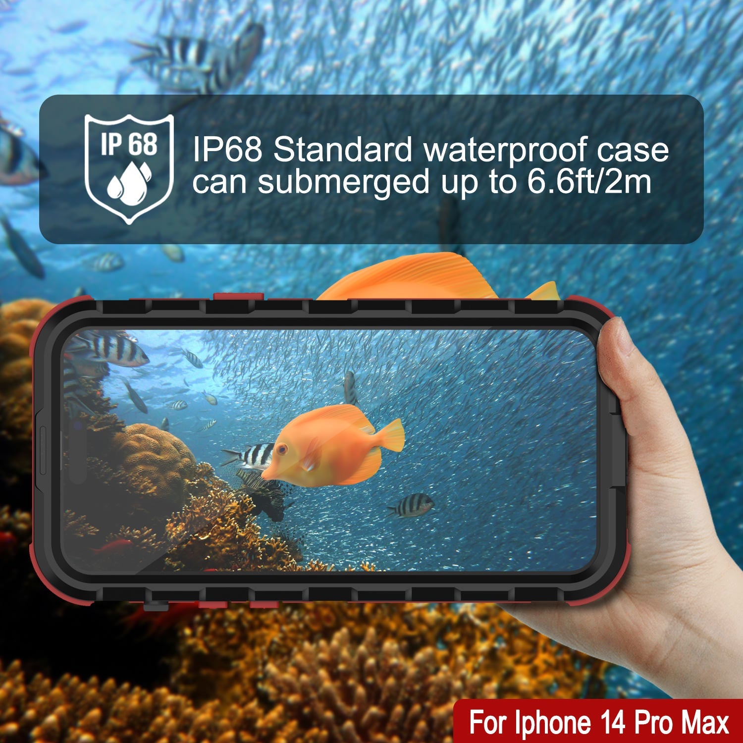 Capa à prova d'água em alumínio da série Metal Extreme 2.0 para iPhone 14 Pro Max IP68 com protetor de tela embutido [Preto-Vermelho]
