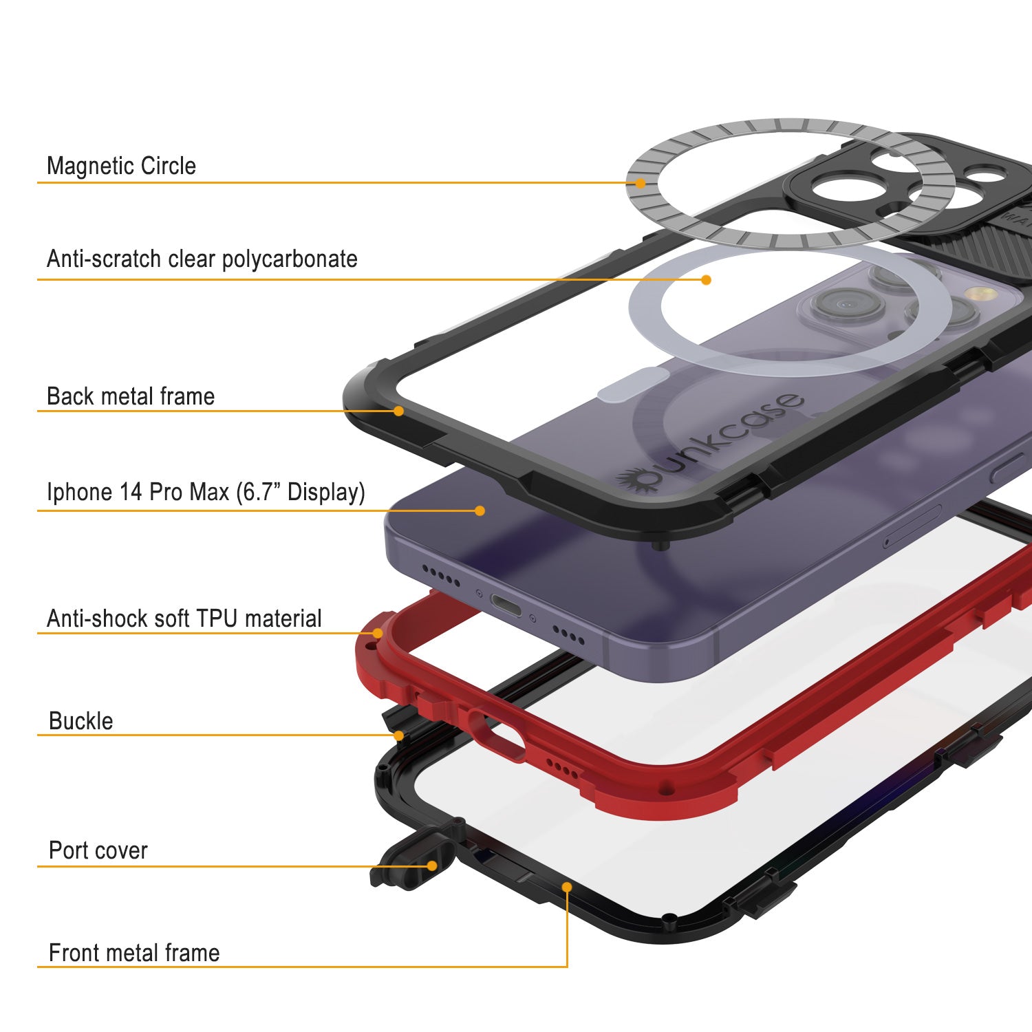 Capa à prova d'água em alumínio da série Metal Extreme 2.0 para iPhone 14 Pro Max IP68 com protetor de tela embutido [Preto-Vermelho]
