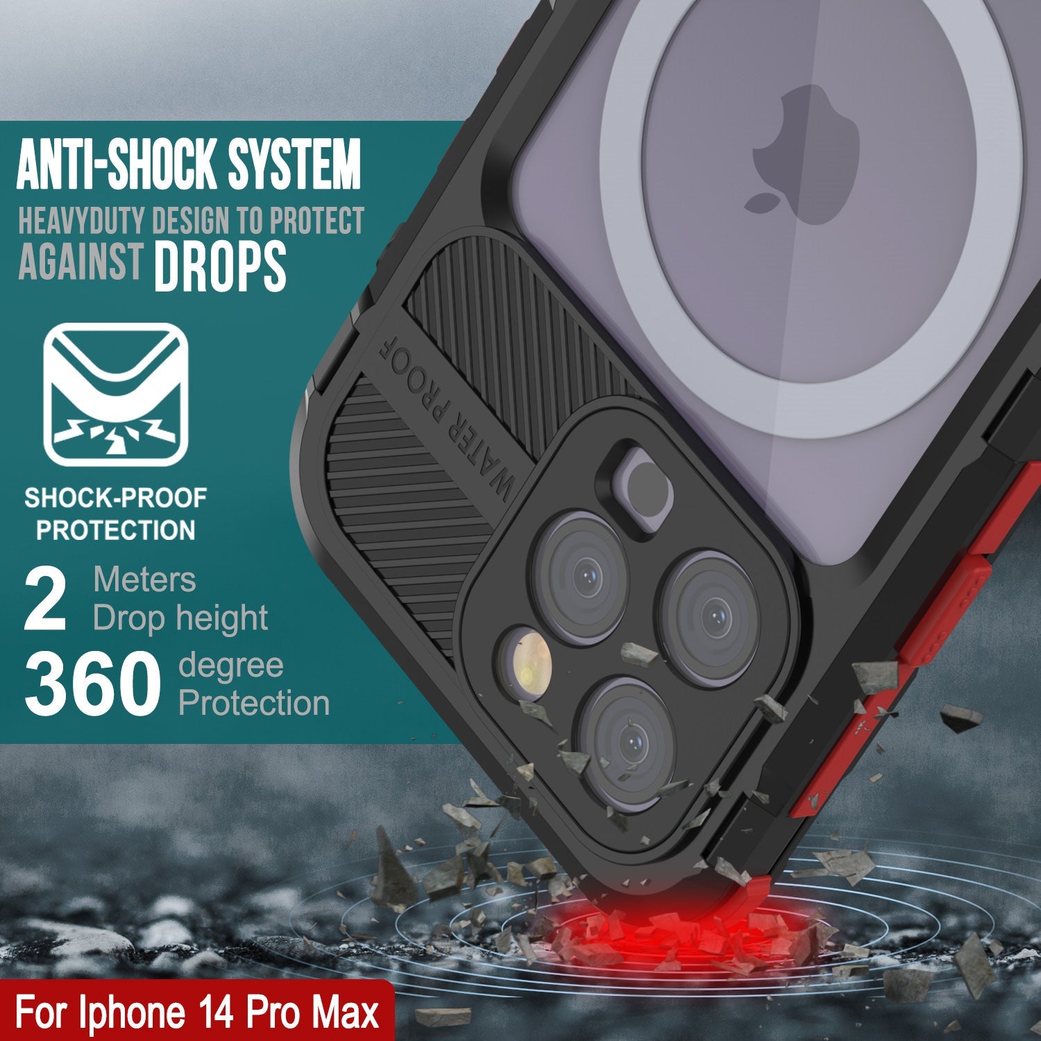 Capa à prova d'água em alumínio da série Metal Extreme 2.0 para iPhone 14 Pro Max IP68 com protetor de tela embutido [Preto-Vermelho]